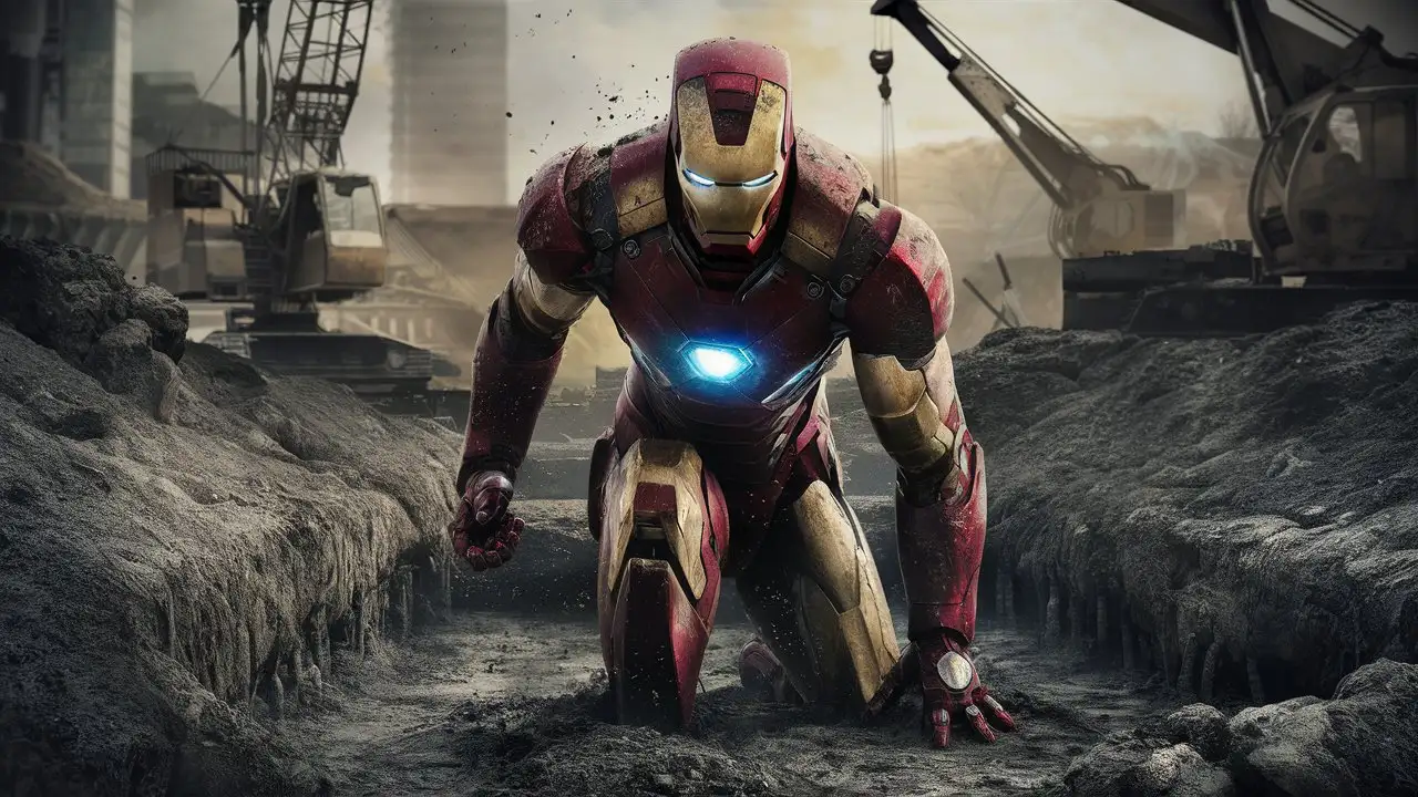 Create an image in which Iron Man's suit is seen coming out of the excavation, dirty with mud.