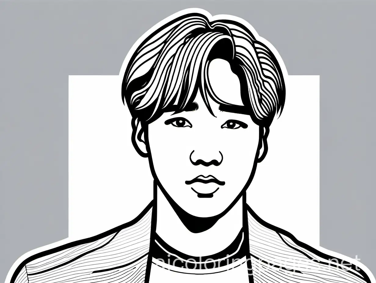 BTS Hoseok , Coloring Page, black and white, line art, white background, Simplicity, Ample White Space. The background of the coloring page is plain white to make it easy for young children to color within the lines. The outlines of all the subjects are easy to distinguish, making it simple for kids to color without too much difficulty