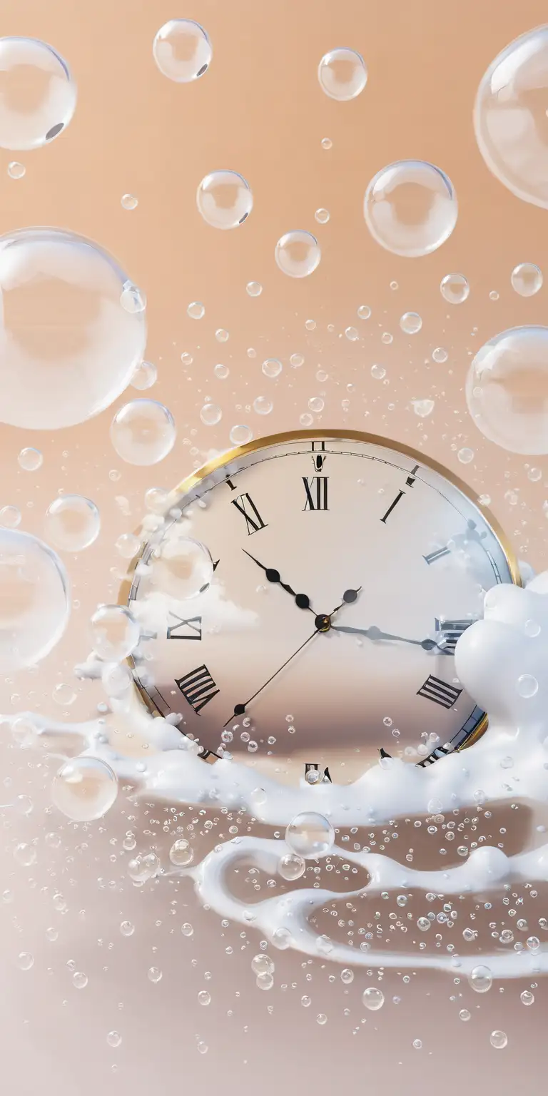 remove the white liquid and remove the bubbles. Swirl around roman numeral numbers from a clock. with clouds. put clock in the bubbles. The middle should serve as a stand
