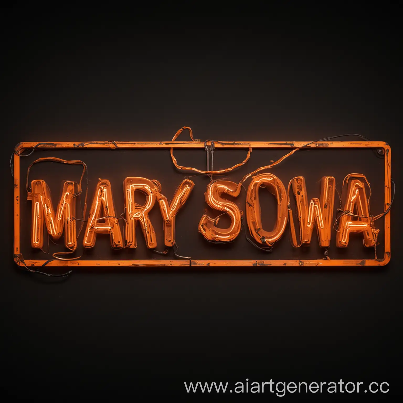 неоновые буквы "MARYASOWA" оранжевого цвета на черном фоне
