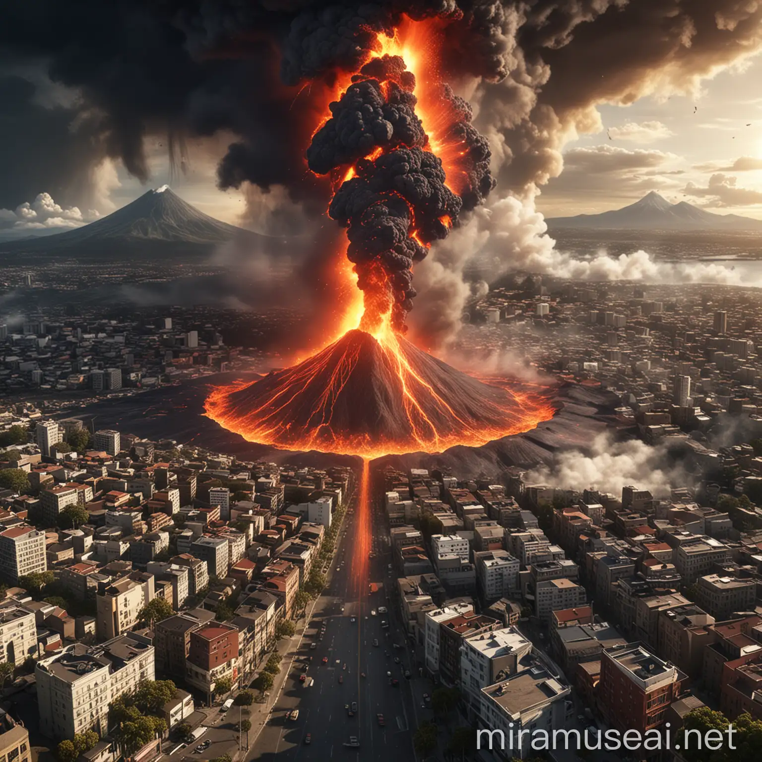 City Affected by Volcanic Eruption in Foreground Scene
