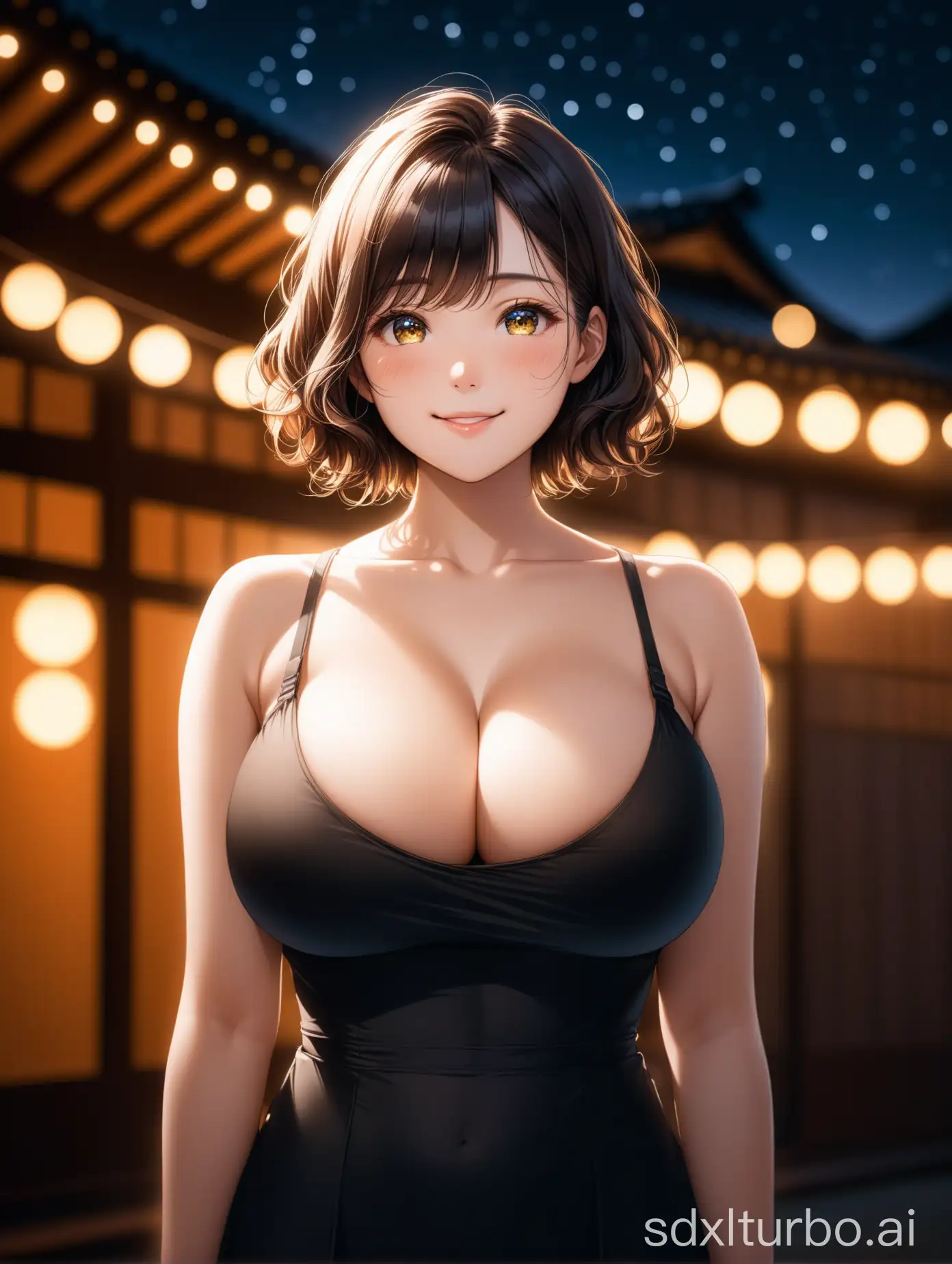 Photo portrait of a pensive Japanese woman with sparkling eyes,((short curly hair), (((full body, huge breast))),masterpiece, best quality, 8K, HDR, highres, absurdres:1.2,Kodak Ektar 100,detailed skin,   dark background,  eye level, looking at viewer, Moonlit . 35mm photograph, film, bokeh, professional, 4k, highly detailed, Smiling happily,in the style of Nathan Wirth