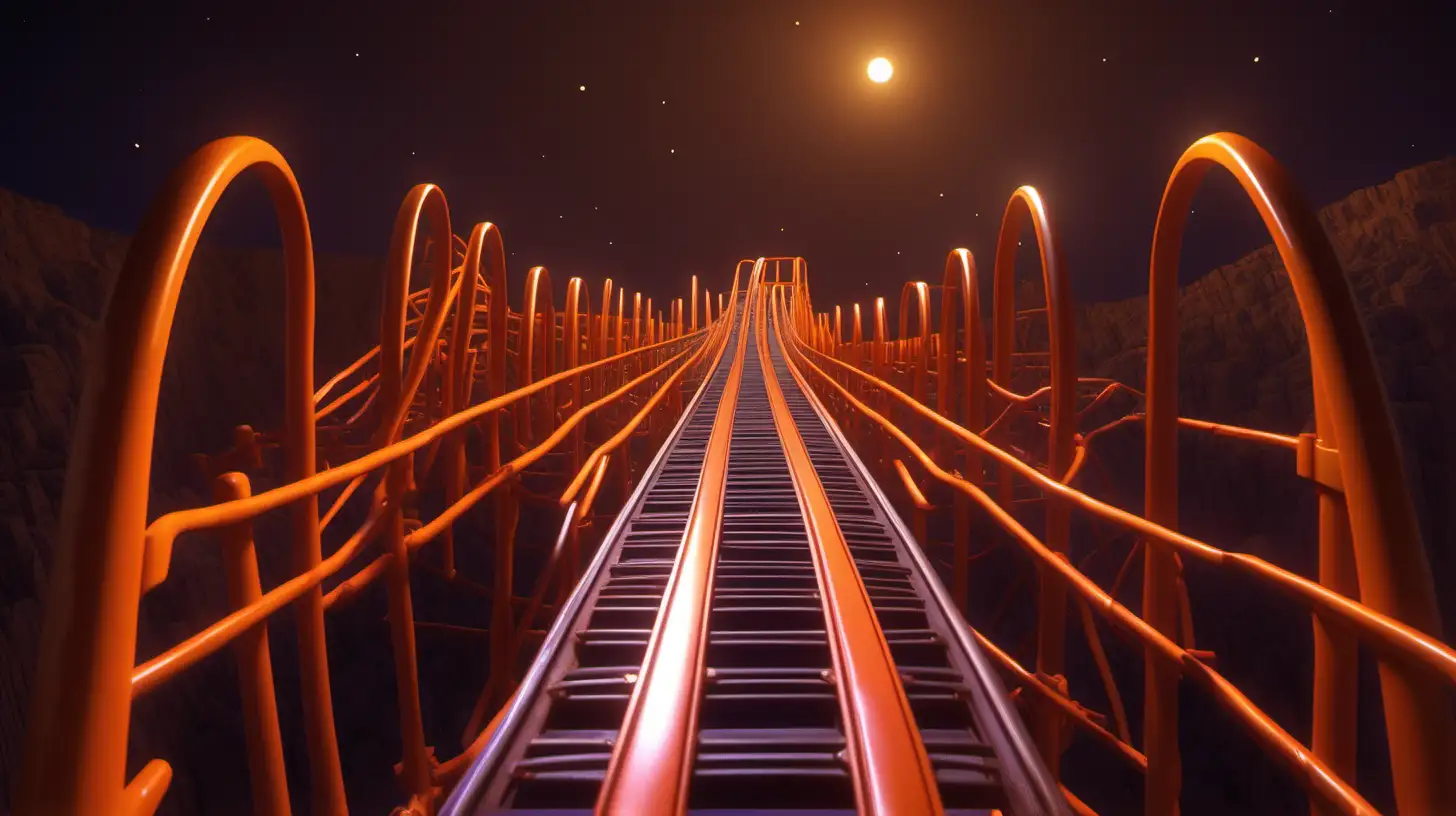 Vibrant Orange Roller Coaster Tracks in Nighttime Pixar Style