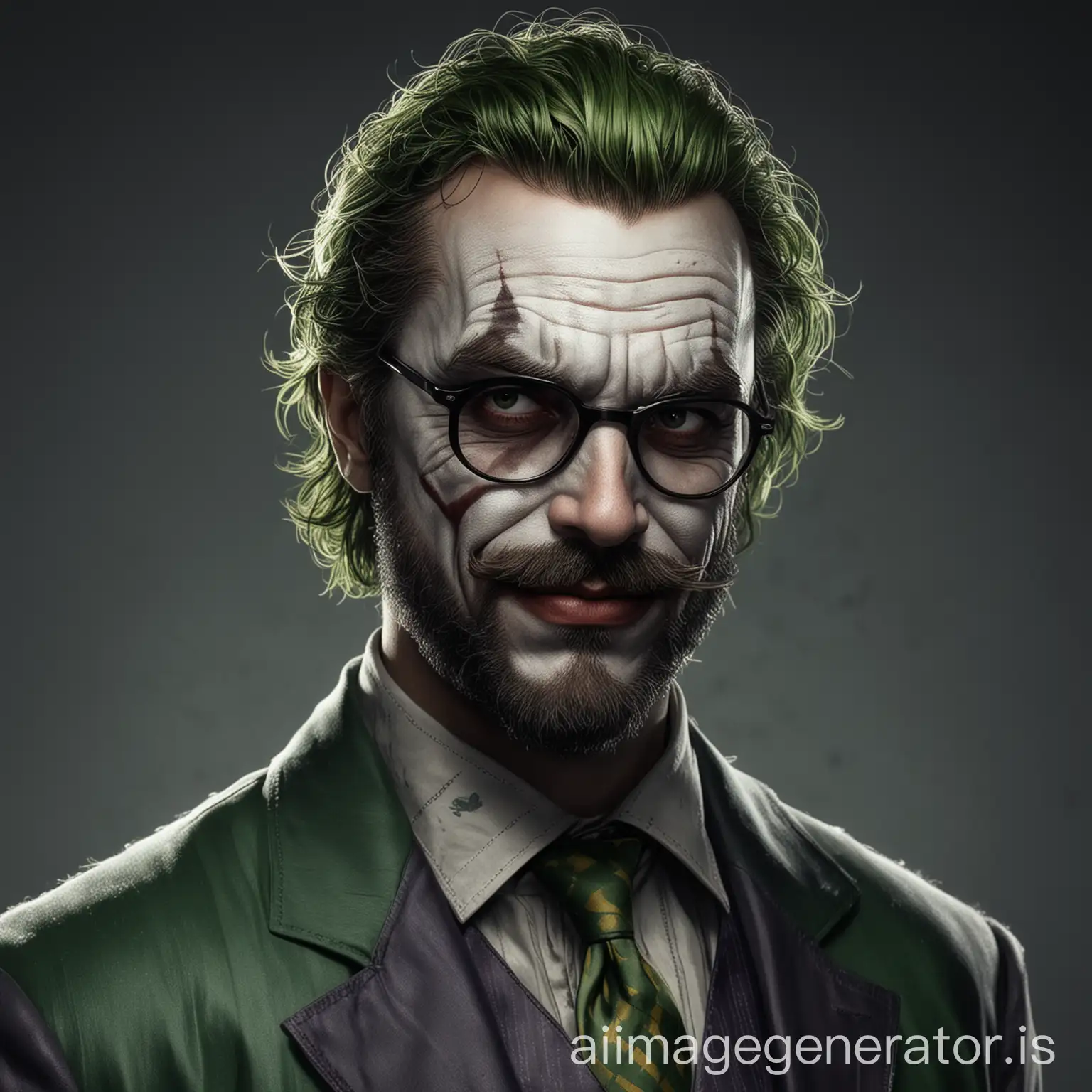 The Joker with full Beard and mustache, Gangster, DC comics, short hair, square glasses, full body, round face