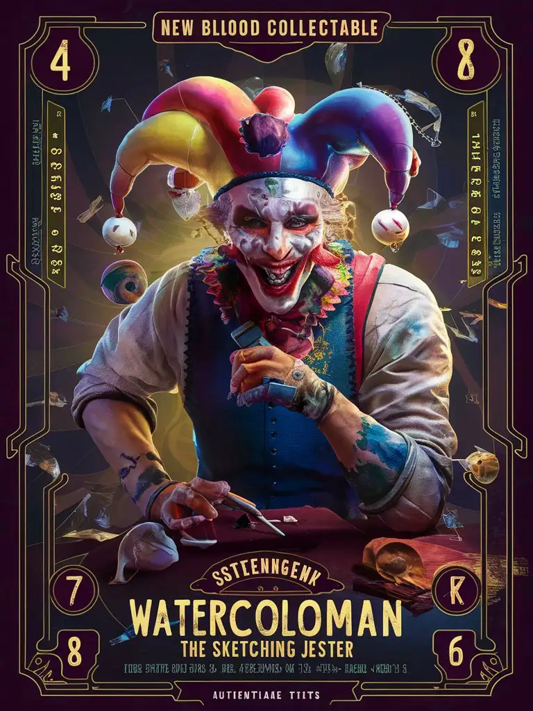 Design a HQ "Title: New Blood Collectable" (x•x•x card) of "Subtitle: Watercolorman, the Sketching Jester" stats "Strength: 4" "Speed: 7" "Intelligence: 8" "Fear Factor: 6" premium 14PT card stock authenticated breathtaking 8k 16k visuals /"A street jester artist who discovered he could bring his drawings to life, Watercolorman uses his abilities to outwit enemies and protect the innocent."/, complex fandom artwork, Add_Details_XL-fp16 algorithm, 3D octane rendering style (3DMM_V12) with the mdjrny-v4 style, infused with global illumination --q 180 --s 275 --ar 3:4 --chaos 500 --w 500