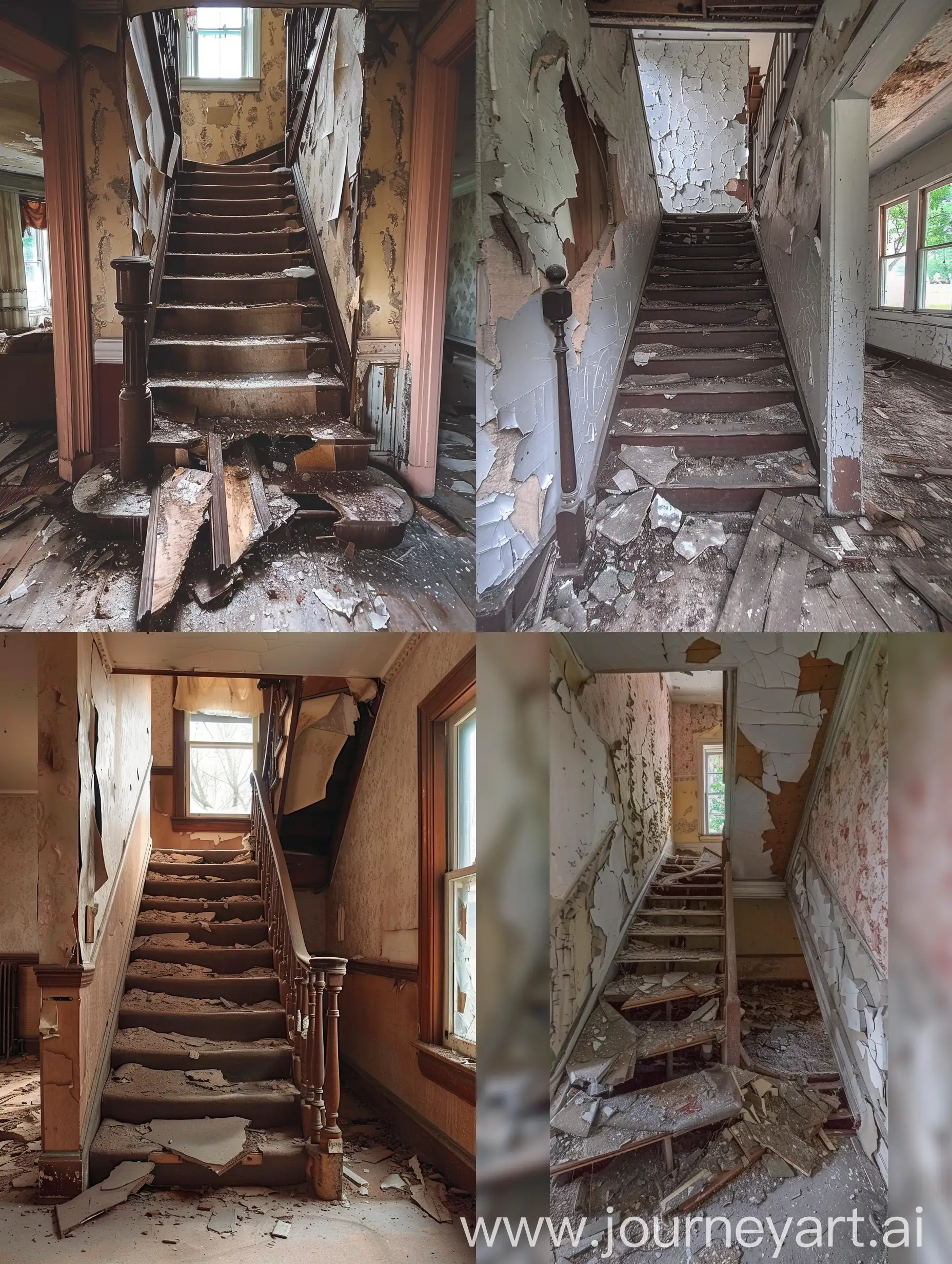 Snapshot photography, A broken staircase in an abandoned house, first-person POV --no humans,Statues,dolls, ,animals,insects,Living organisms,Characters