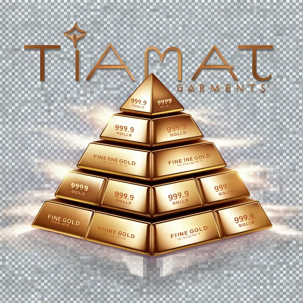 a logo design,with the text "Tiamat Garments", main symbol:A classic pyramid shape made entirely of stacked gold bars. Each bar should have a shiny, metallic appearance to emphasize the gold. Add Detail to each gold bar, such as 999.9 fine gold and a serial number, to make them look authentic. Add subtle light reflections and glints on the edges of the bars to simulate the way light would naturally reflect off the grid. Transparent background.,complex,clear background