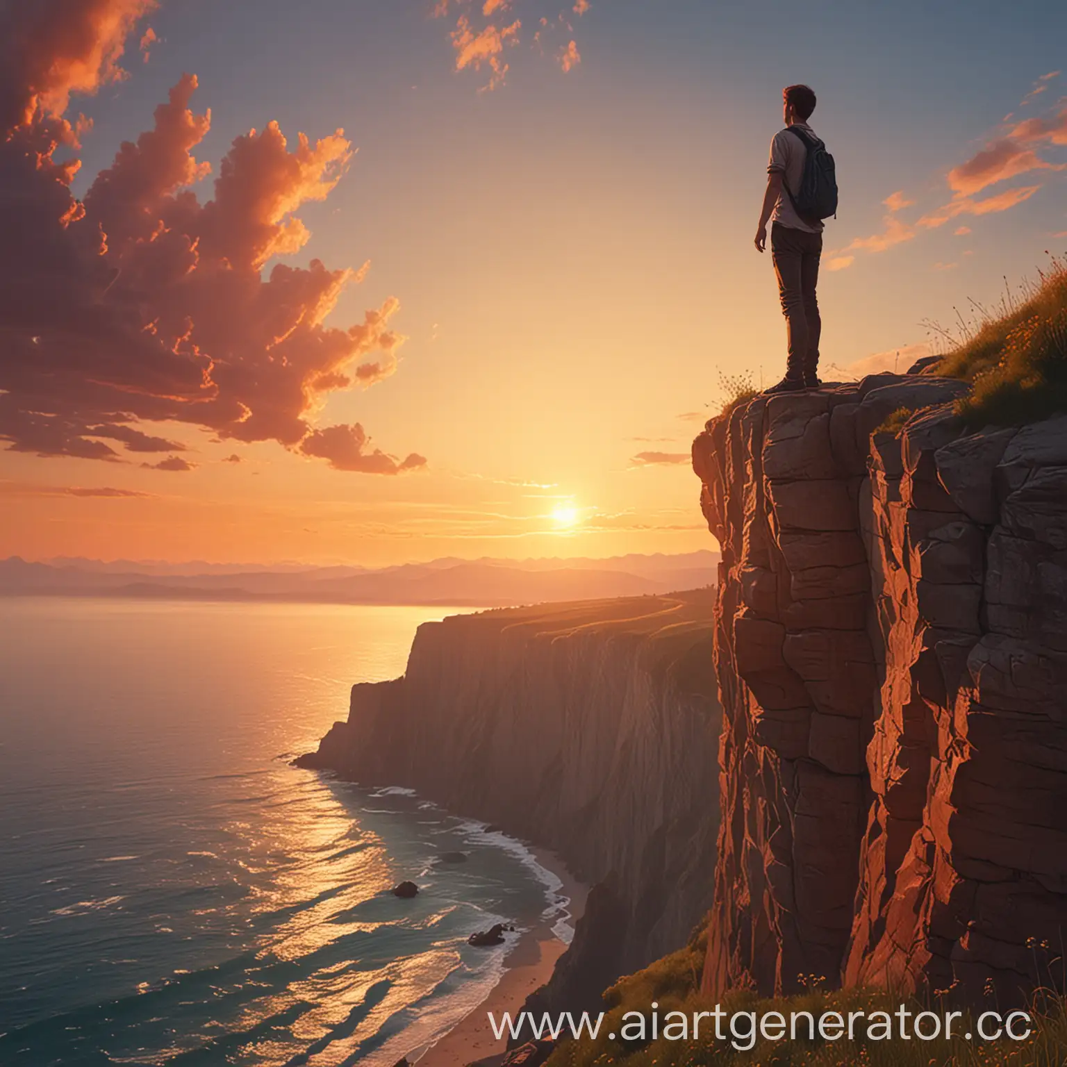 Man-Contemplating-Sunset-on-Cliff-Edge