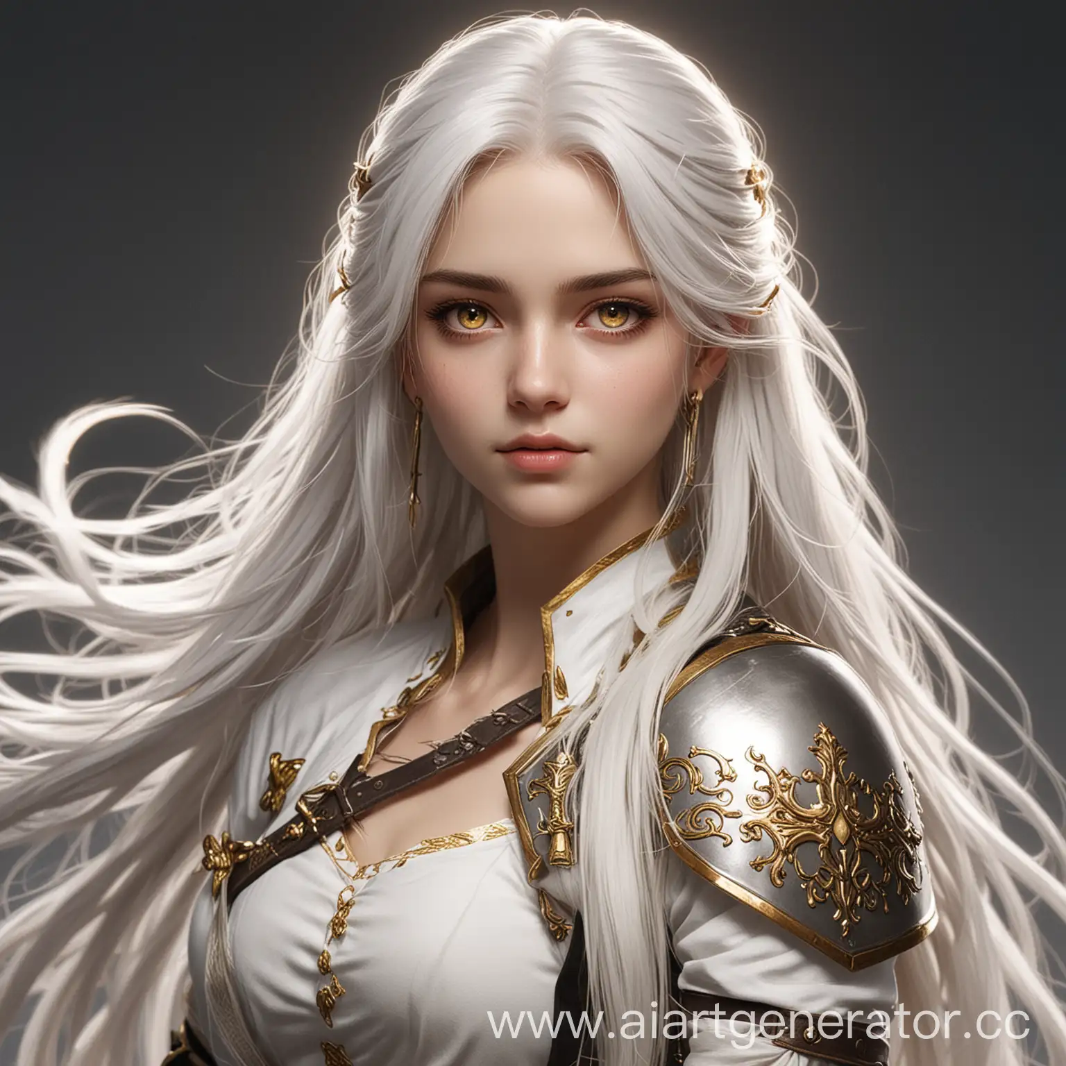 Персонаж девушка,   с длинными белыми волосами, золотыми глазами,  меч за спиной.  
