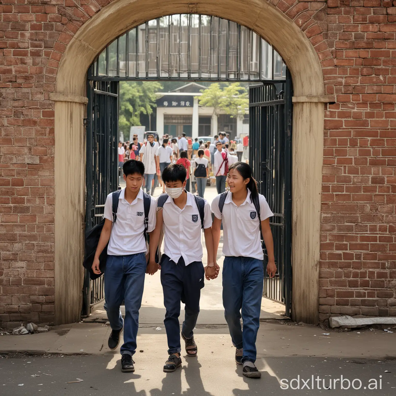 Two students who had just finished taking the college entrance examination walked outside the school gate, where many parents were picking up their students