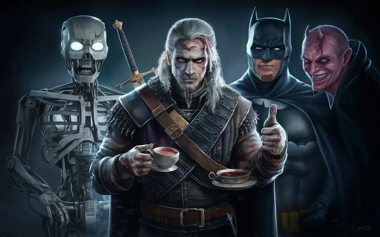 Abandoned atmosphere creepy comes out from the corner holding the wall with one hand Geralt with a cup of tea in one hand shows a like next to it stands Terminator model T-800 next to it stands Batman with a bewildered face next to it stands Lucifer with a satisfied smile