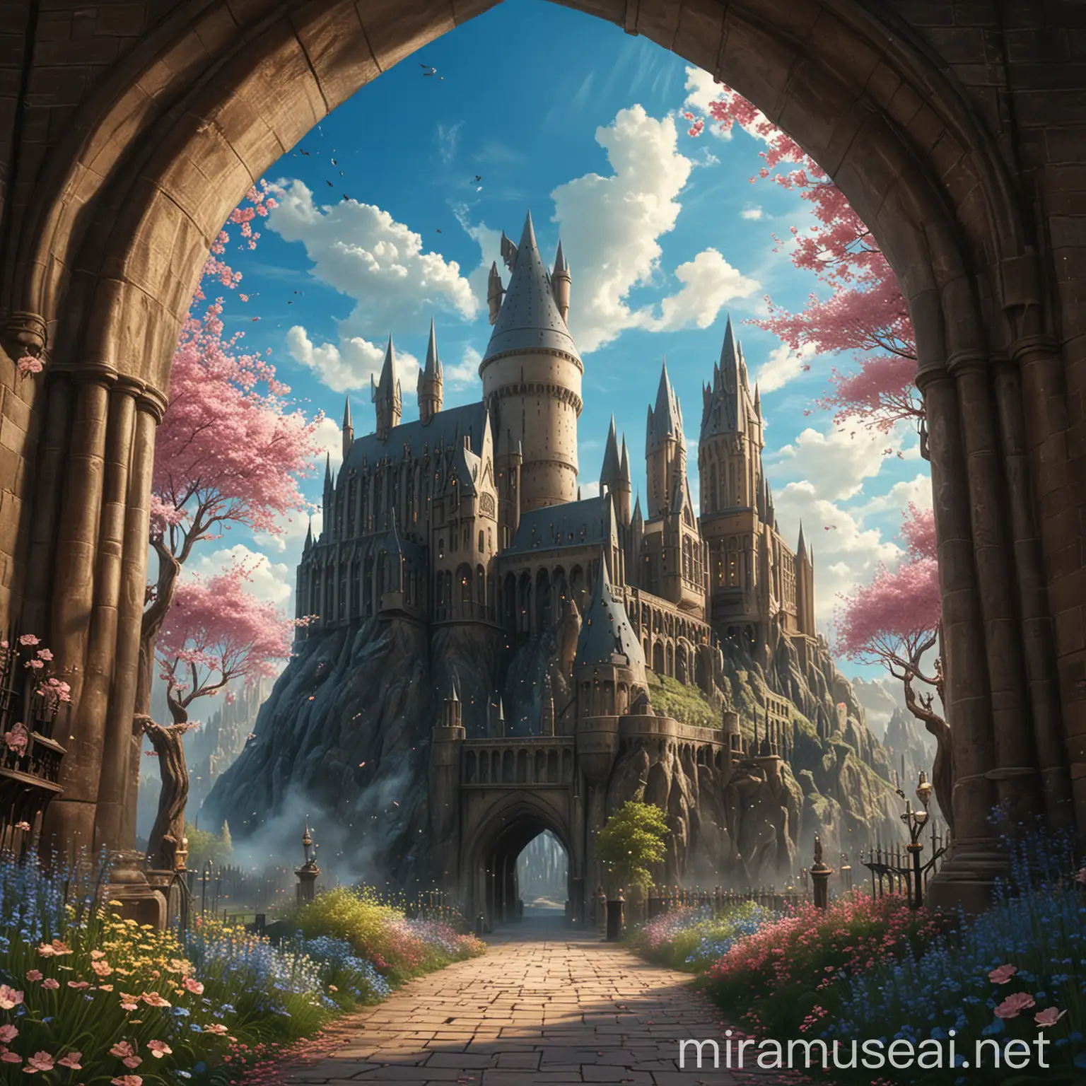 Hogwarts Castle Under a Blue Sky with Blossoming Trees