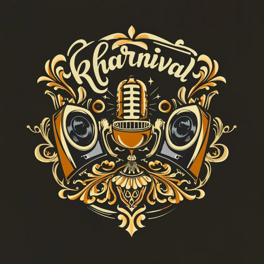 a logo design,with the text "Kharnival", main symbol:microphone, speakers, filigree, hip hip, warm colors, black,Moderate,be used in Others industry,clear background