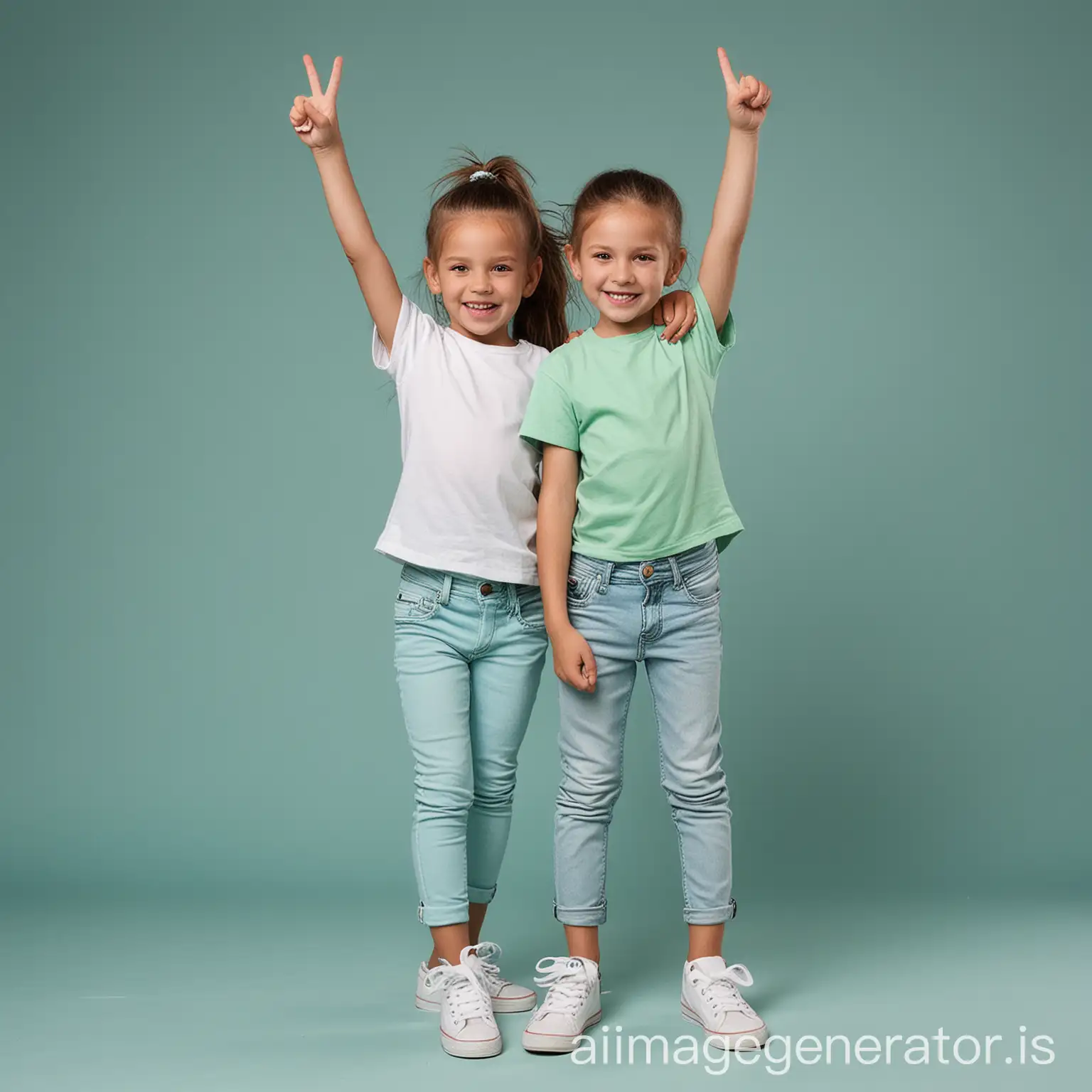 a group of 2 children around 4 years old who are very happy, joyful. A girl and a boy. They are seen full length against a background color is light cyan. The boy wears casual clothes: jeans and a white tee-shirt. The girl wears a white legging and a light green tee shirt. Her hair is tied in a ponytail. The boy raises his fist in the air and the girl makes the victory sign with her hands. The boy and the girl hold hands