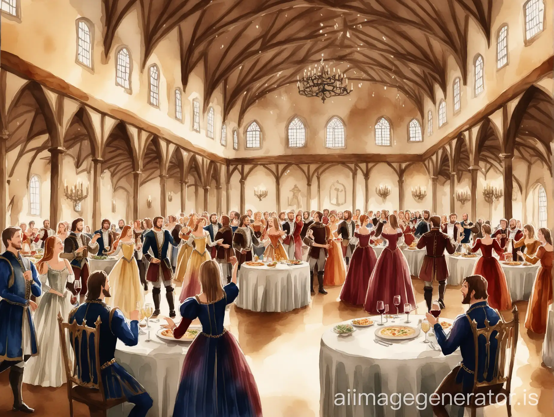 饮酒歌，中世纪欧洲上流社会酒会，大厅，载歌载舞，衣着华丽，人站在画面两侧，中间近处是方桌和空地，桌子上有美酒和食物，饱和度底，场景为主，水彩风格