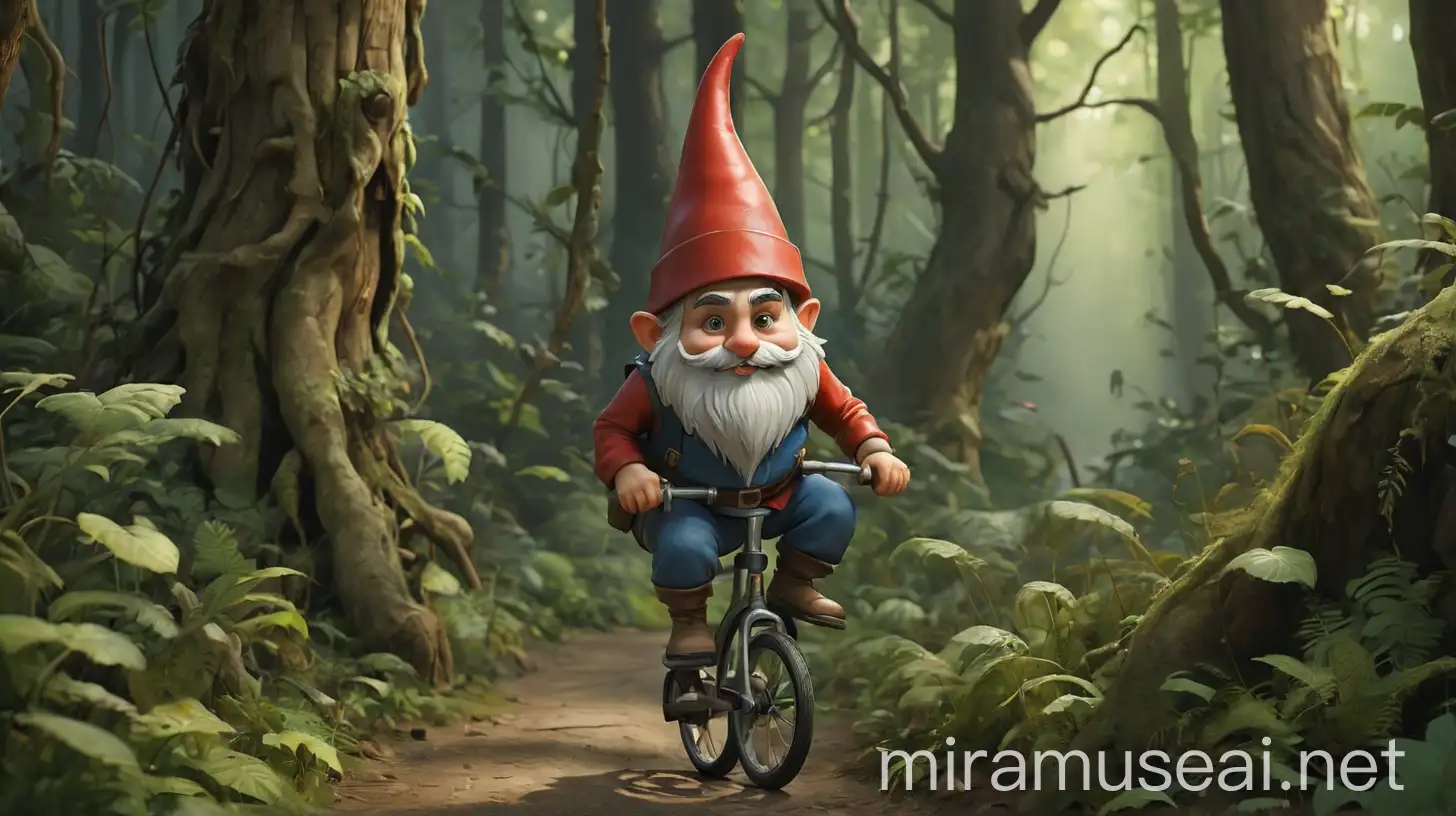 Gnome Unicycling Through Mysterious Forest Adventure