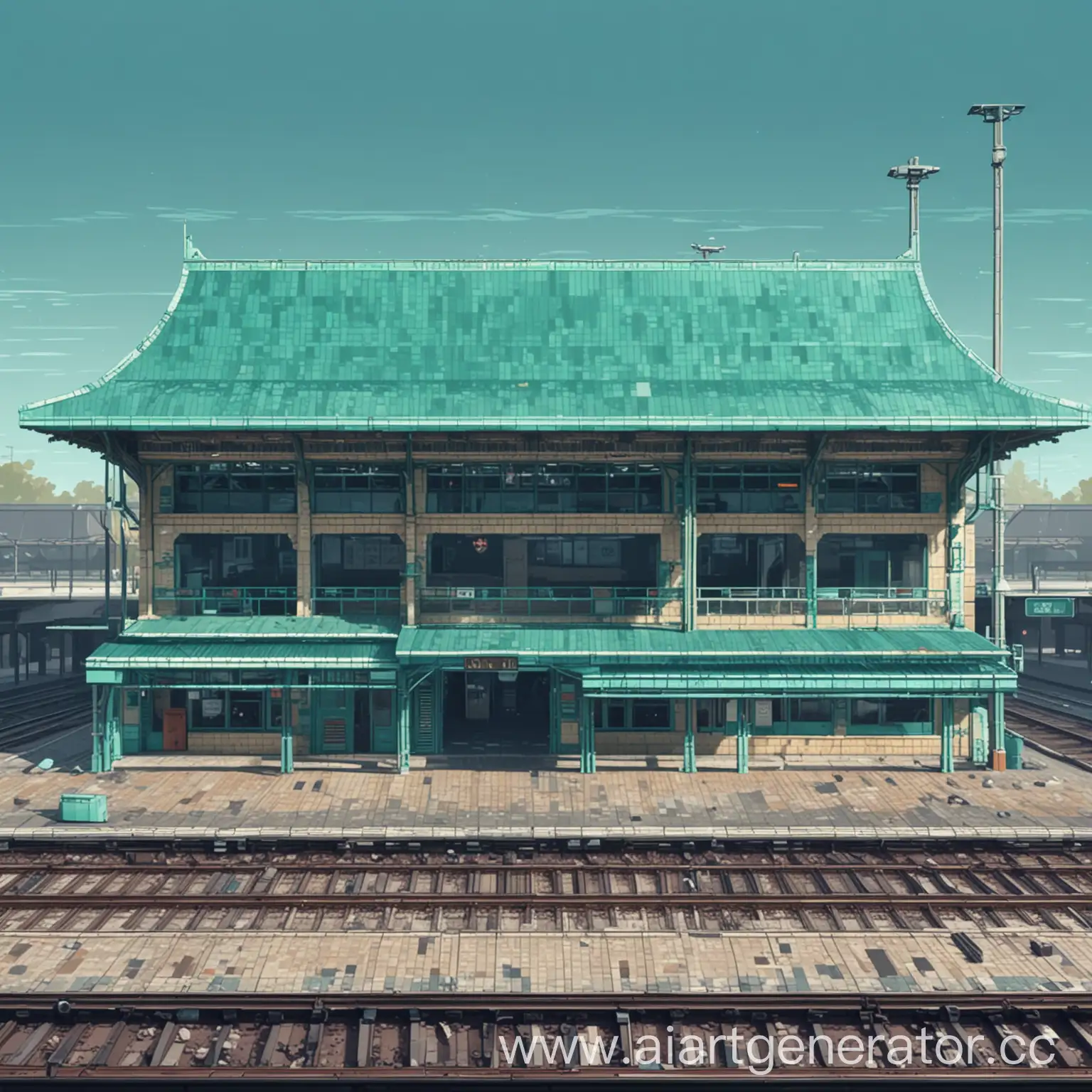 железнодорожный вокзал бирюзового цвета  пиксельный для 2d игры вид сбоку 