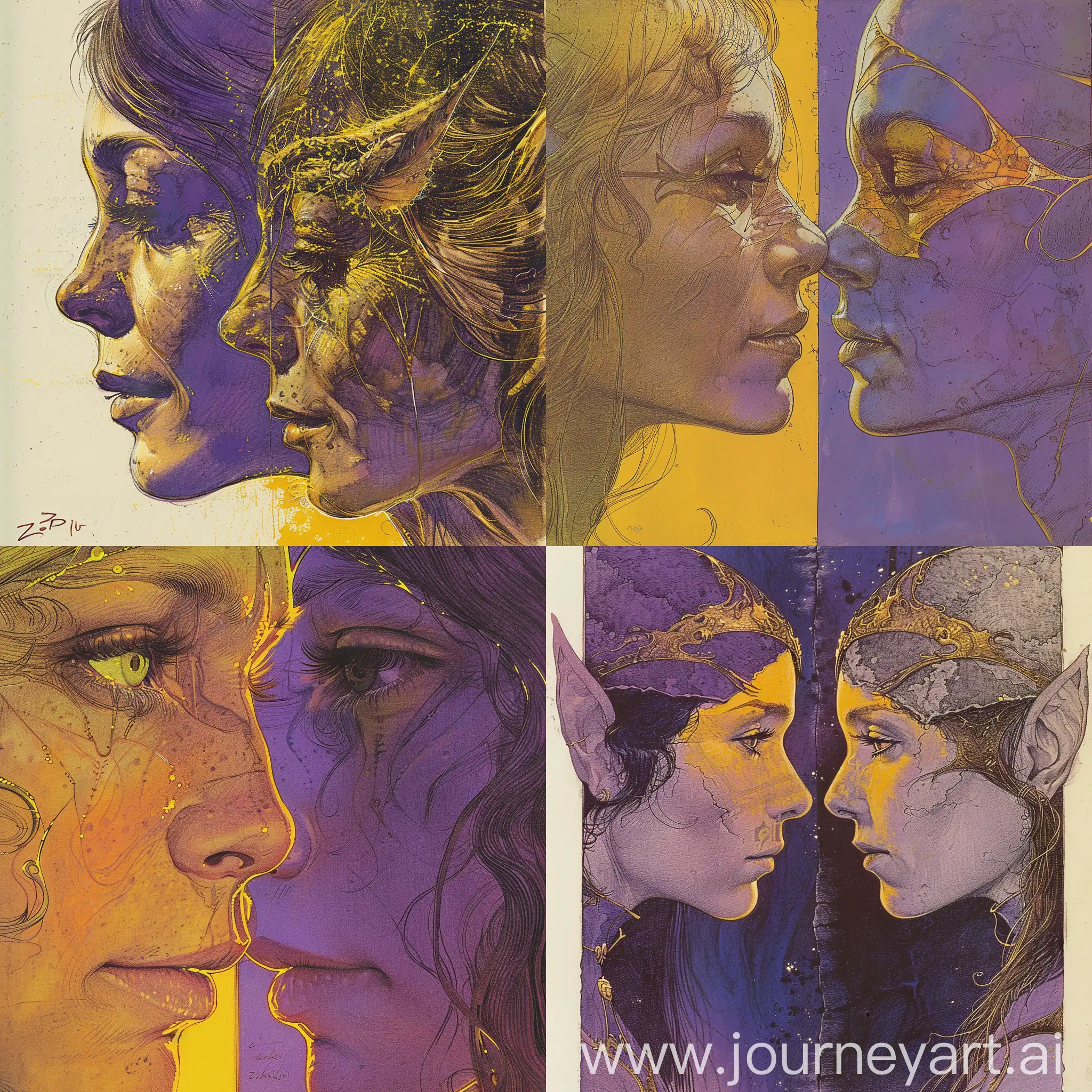 Dark-Fantasy-Book-Cover-Elf-Woman-in-FacetoFace-Agreement-with-Purple-and-Yellow-Accents