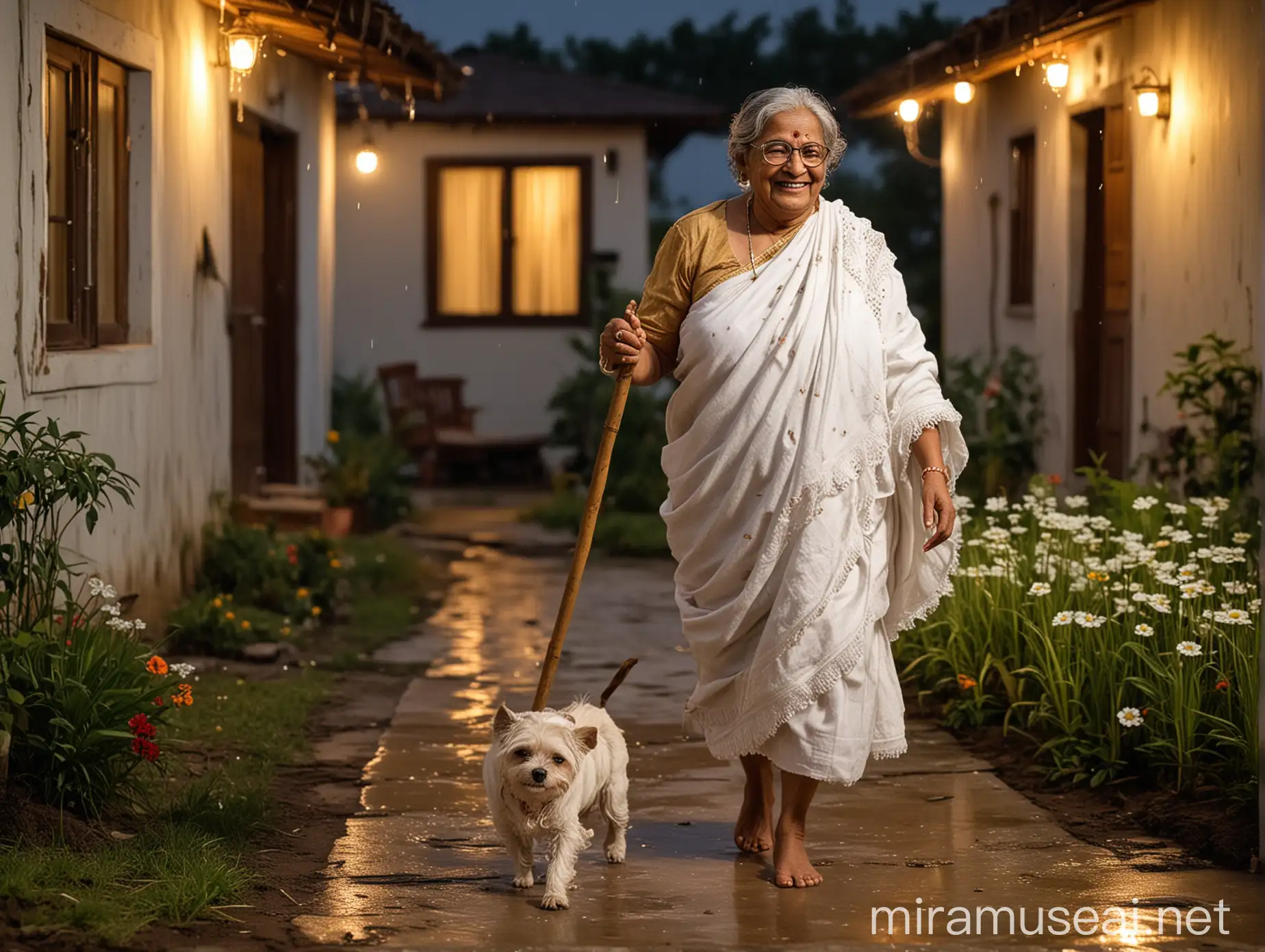 
sweet faced old desi indian very fat  age 70 woman walking with a  single stick wearing a white towel and a golden neck lace and a spectacles. she is happy and laughing . she is bending and standing with her dog  . its night  time and in background there is a luxurious farm house  with bulb light and luxurious house   with flowers and grass and concrete floor and its raining.
