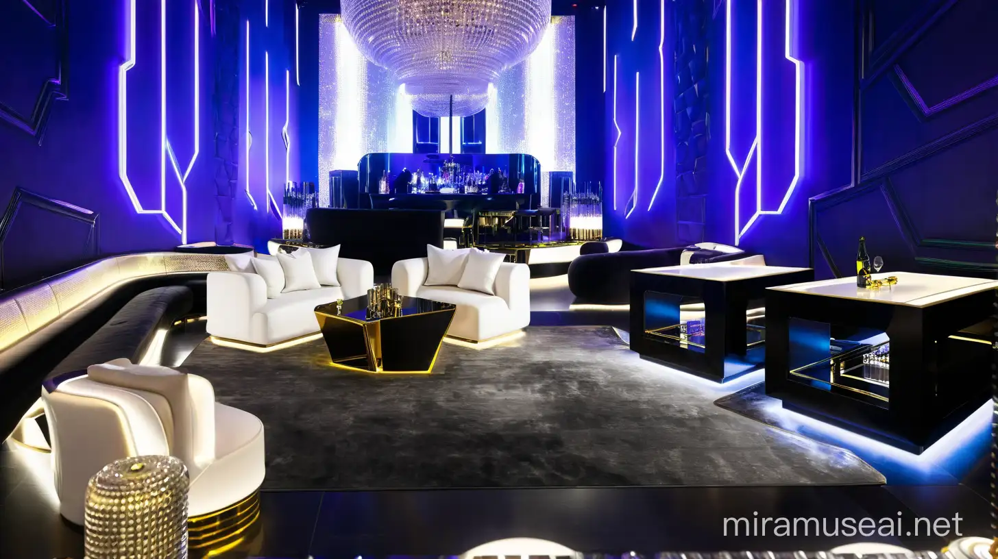 Picture "Gilded Horizon," a futuristic and chic nightclub waiting to be brought to life. Envision a wealth of sofas and tables scattered throughout the venue, their elegant designs accentuated by the opulent combination of black and gold.

Imagine an assortment of sofas, ranging from plush leather to contemporary modular designs, offering guests a comfortable and stylish place to unwind. Visualize the sofas arranged in inviting clusters, creating intimate pockets for conversation and relaxation.

Incorporate an array of tables, each one a fusion of sleek aesthetics and functional elegance. Let the tables shimmer with metallic accents and futuristic touches, providing chic platforms for drinks and socializing.

As the scene unfolds, infuse it with the pulsating energy of a modern nightclub, where the air is electrified with the beat of electronic music and the glow of neon lights. Capture the essence of sophistication and innovation as guests mingle amidst the luxurious surroundings of "Gilded Horizon."

With each stroke of your imagination, "Gilded Horizon" emerges as a symbol of futuristic nightlife, inviting guests to immerse themselves in an unforgettable experience where elegance meets innovation in a captivating blend of black and gold.