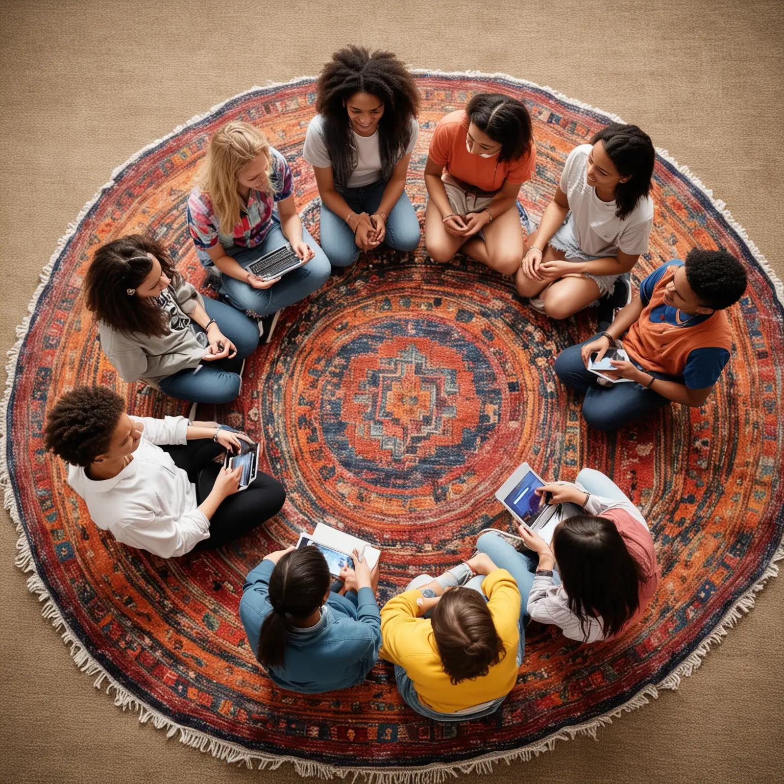 a diverse group of middle or high school students sitting in a circle on a colorful rug.  They are all engaged and excited, some holding tablets or laptops, while a teacher in the background facilitates a discussion. The overall feel should be bright, modern, and optimistic about the future of education. --ar 2:3 --sref https://s.mj.run/87Sjf94hFiI ::1.5 <https://s.mj.run/BdQFQve9VPQ>