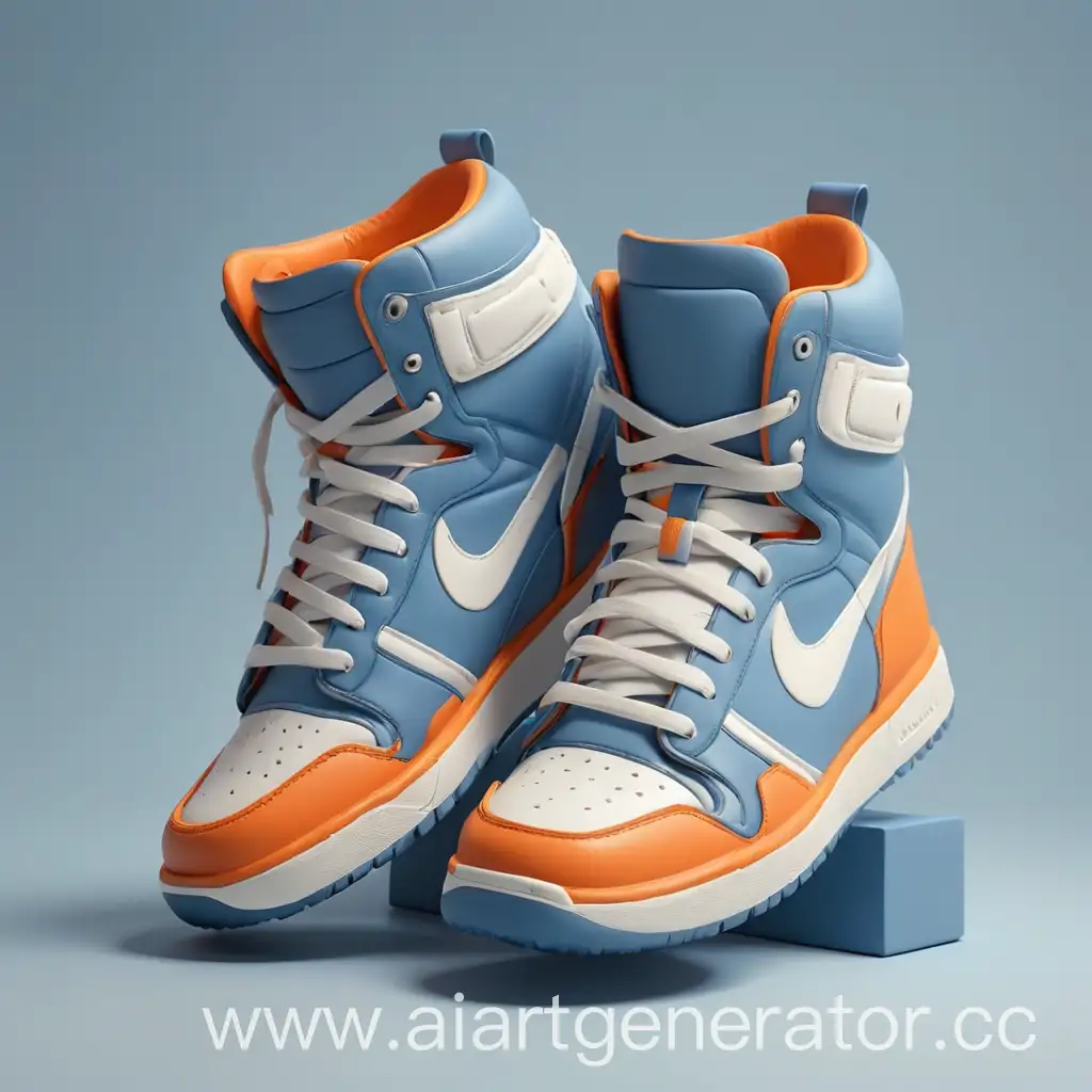 трехмерная модель кроссовка в синих тонах, фон белый либо минималистичный в оранжевых тонах