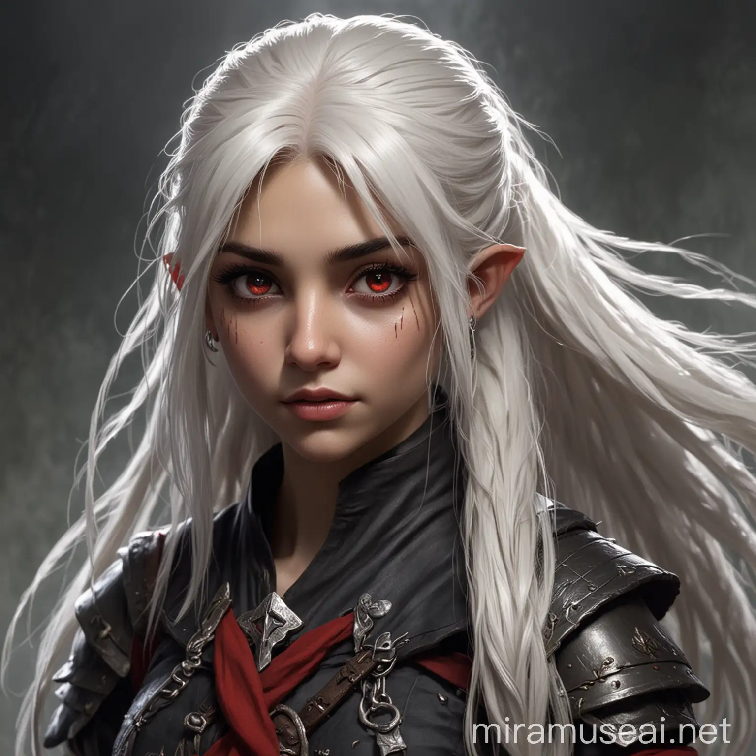 Dark Fantasy, Dungeons and Dragons, Halfling, olive skin, red eyes, long white hair with pony tail