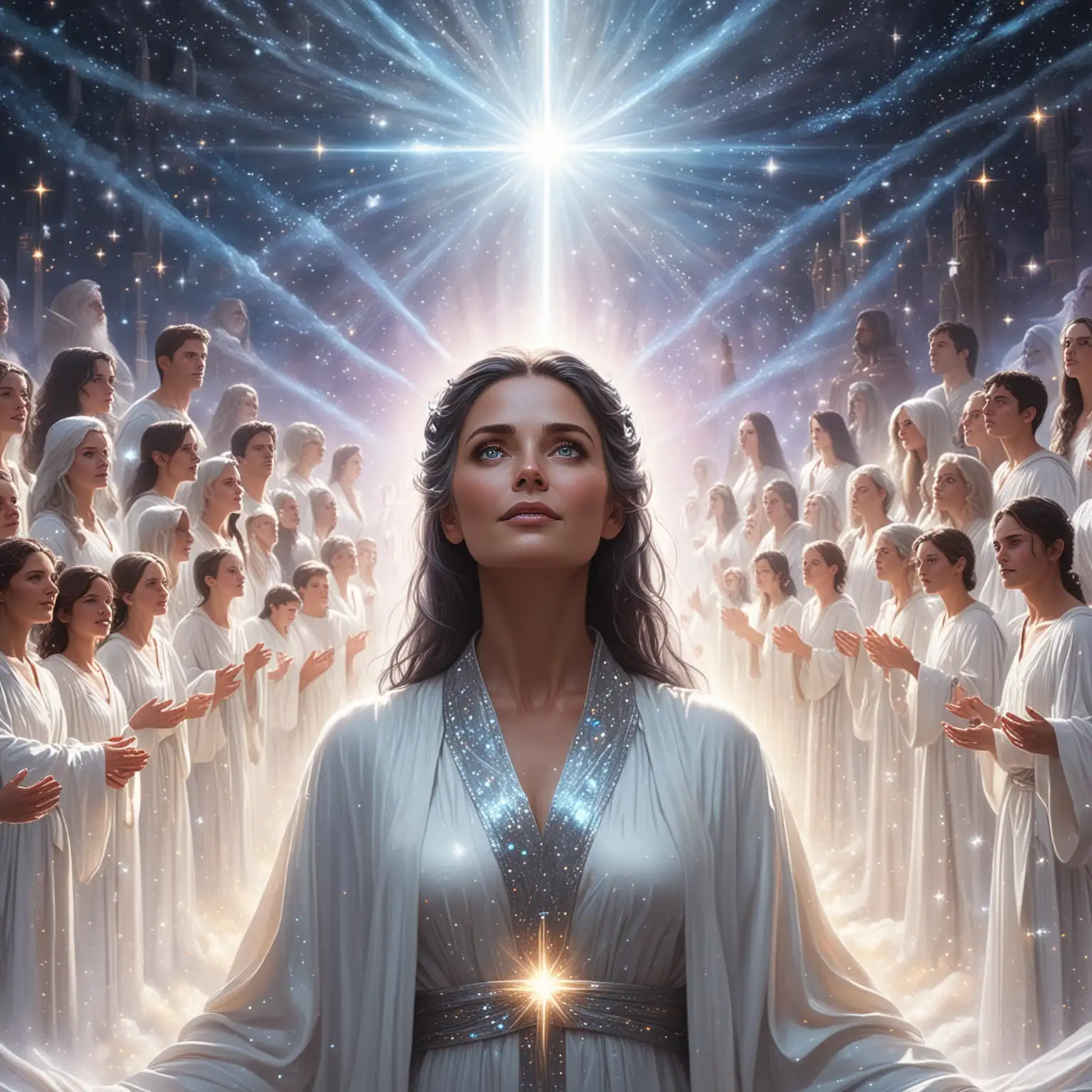 the a galactic mature woman with light blue eyes with dark hair dressed in glowing white robes with stars shining down on to the top of her head and surround by people dressed in iridescent robes