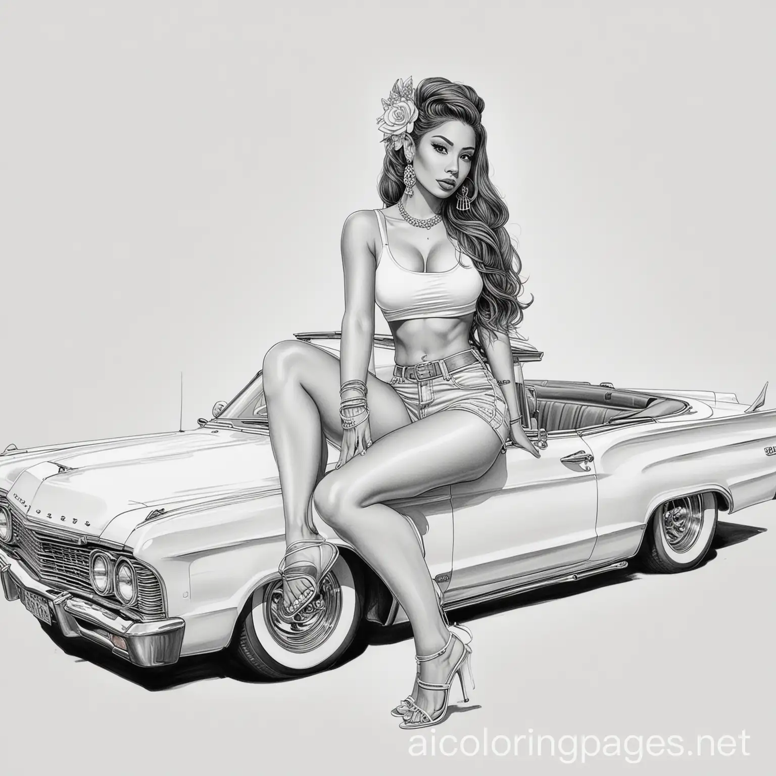 classic lowrider exotic girl , Coloring Page, black and white, line art, white background, Simplicity, Ample White Space.