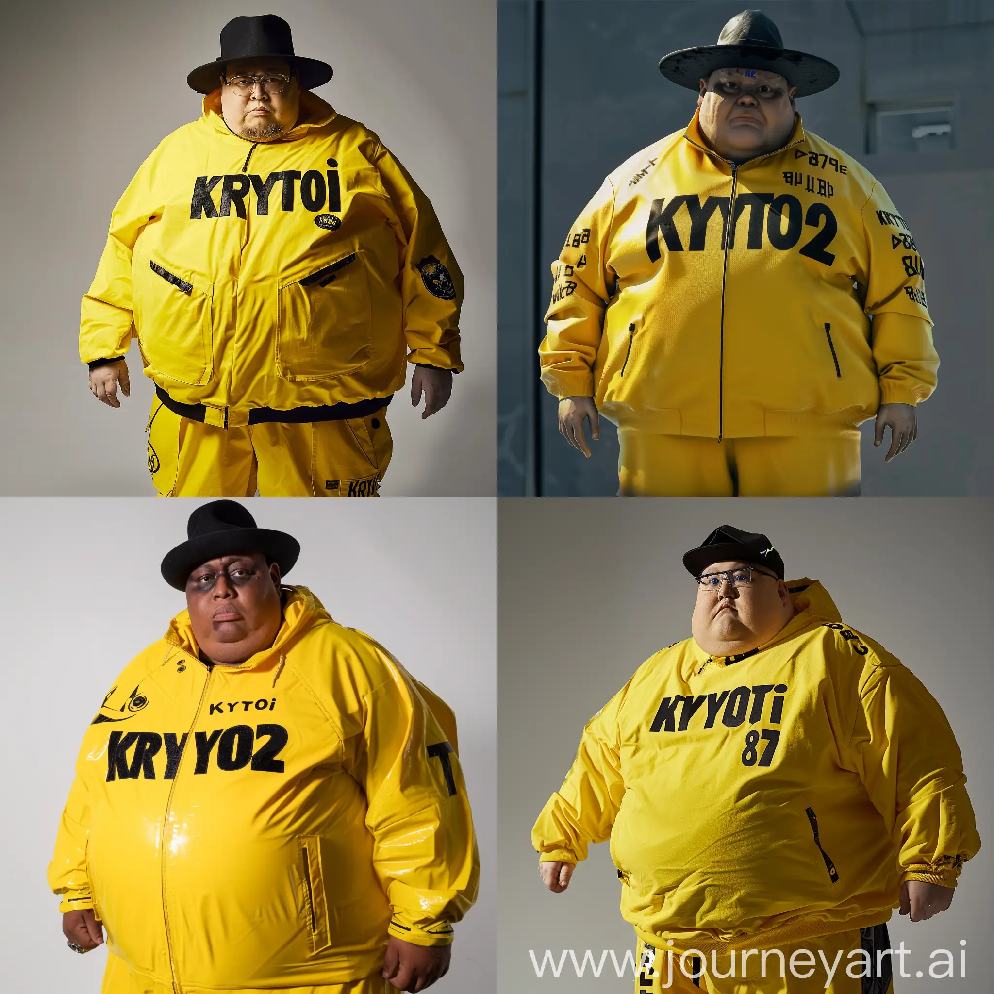 человек в желтой одежде с черной шапкой. на одежде у него написано Krytoi872 и он толстый