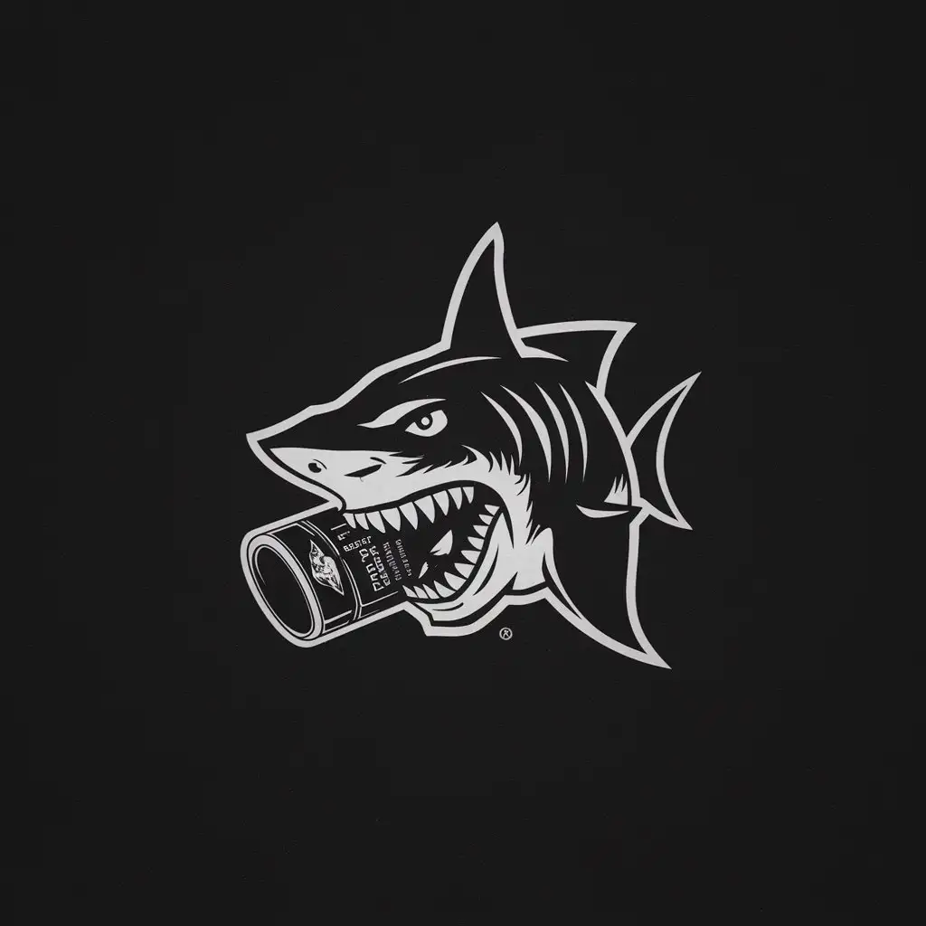 логотип для бара, там должна быть акула как у хоккейных команд, которая ест бутылку с виски, минималистичный стиль, чёрно-белая, логотип должен быть брутальным и вызывающим