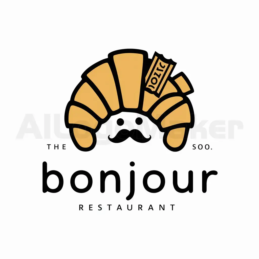a logo design,with the text "BONJOUR", main symbol:Cartoon croissant in minimalist style and mullet with mustache, eyes, and ticket. On white background,Minimalistic,be used in Restaurant industry,clear background