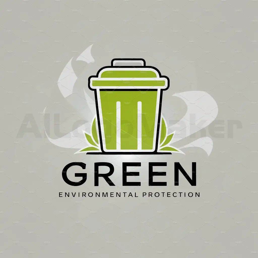 a logo design,with the text "green environmental protection", main symbol:Graphics: Use a simple garbage bin icon, which can be a line drawing or flat design. Color: Choose green as the main color to represent environmental friendliness, paired with white or gray as auxiliary colors to highlight the fresh and eco-friendly image. Font: Select a modern style font that is clear and concise, emphasizing the combination of technology and environment.,Moderate,clear background