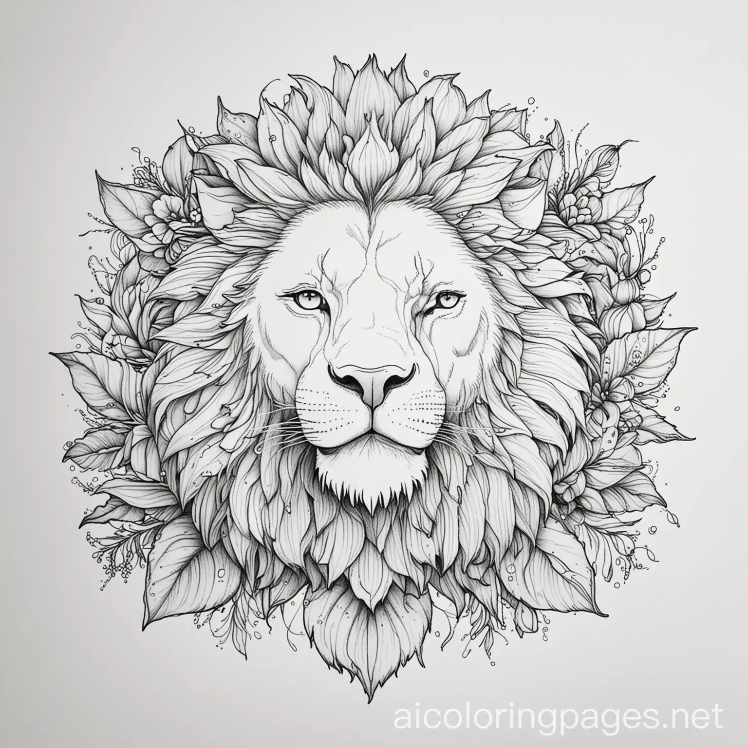 LION FLOWER, Coloring Page, black and white, line art, white background, Simplicity, Ample White Space. The background of the coloring page is plain white to make it easy for young children to color within the lines. The outlines of all the subjects are easy to distinguish, making it simple for kids to color without too much difficulty