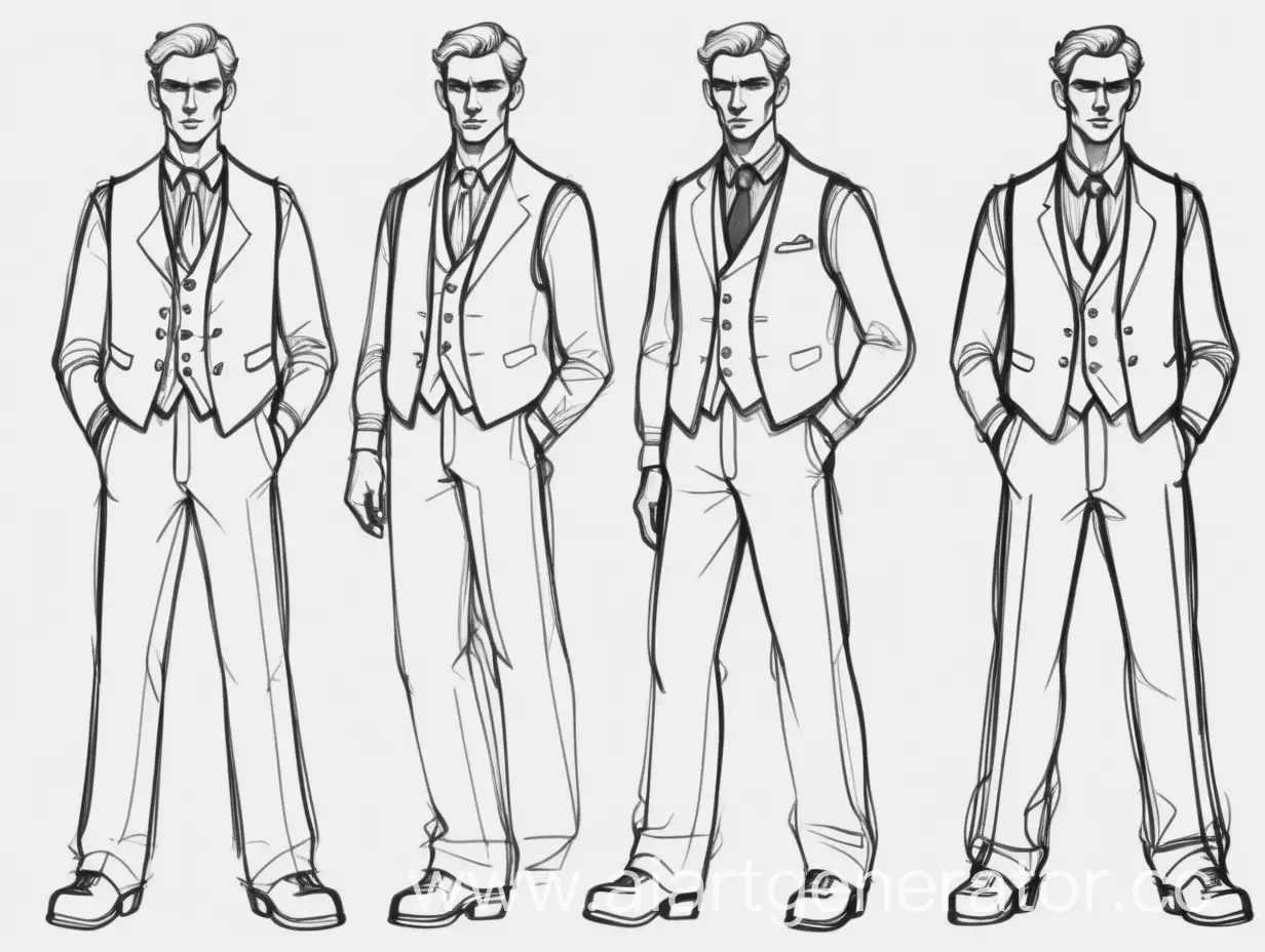 Нарисуй простой модельный контурный эскиз мужчины в полный рост, который одет в жилет и брюки, не в цвете