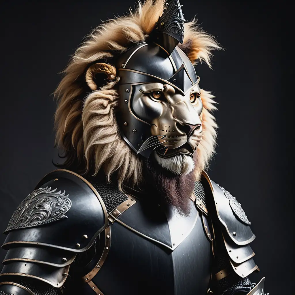  knight with beard dressed in black armor with a lion helmet on