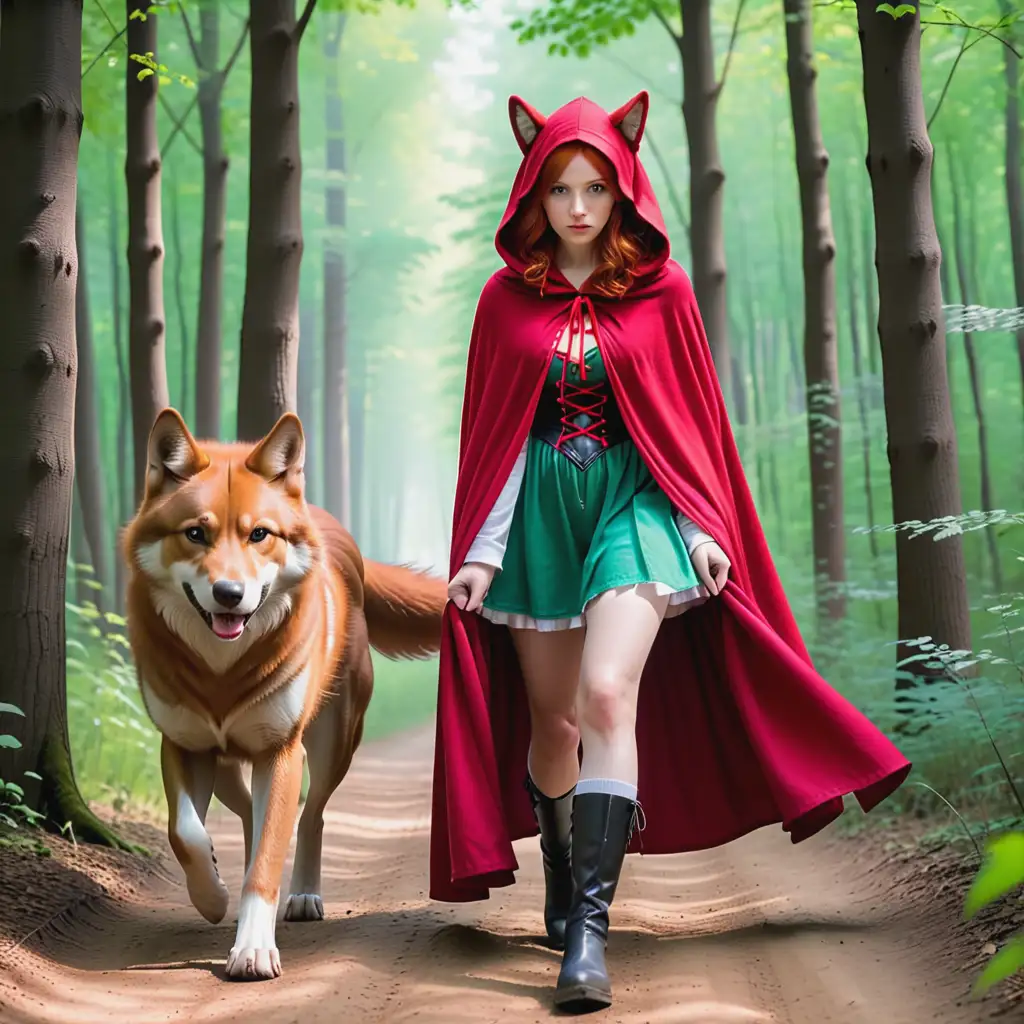 teen girl redhead riding hood meets the big bad wolf on the wooded trail