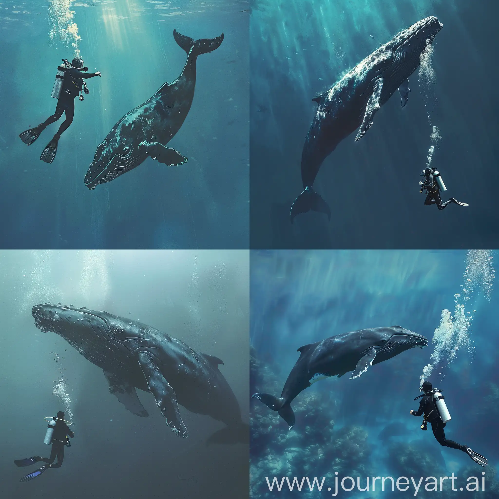 Создай картинку дайвера который проплывает рядом с китом