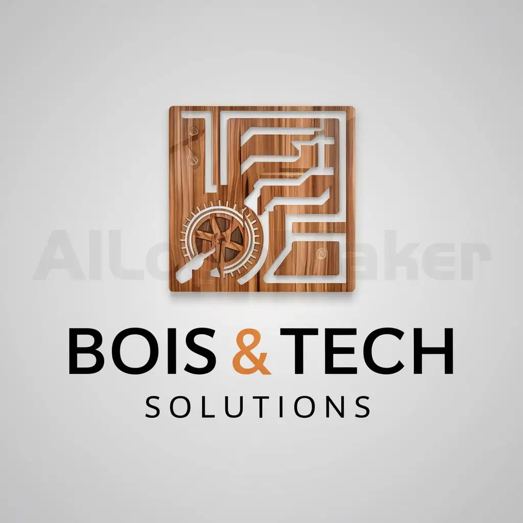 a logo design,with the text "BOIS & TECH SOLUTIONS", main symbol:Wooden panels with CNC router machine,Moderate,be used in Construction industry,clear background