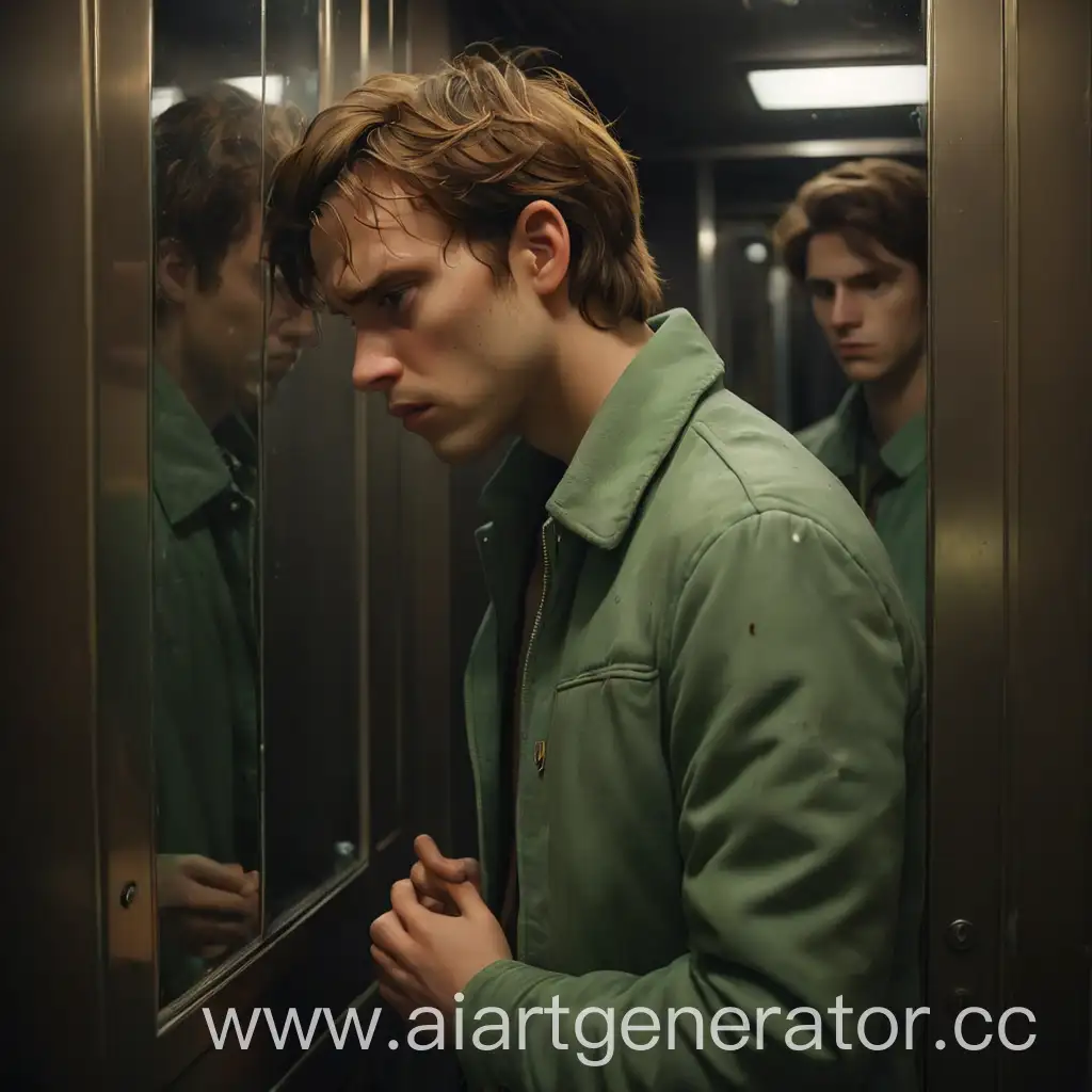 Lonely-Reflection-Man-in-Green-Jacket-Leaning-on-Dirty-Elevator-Mirror