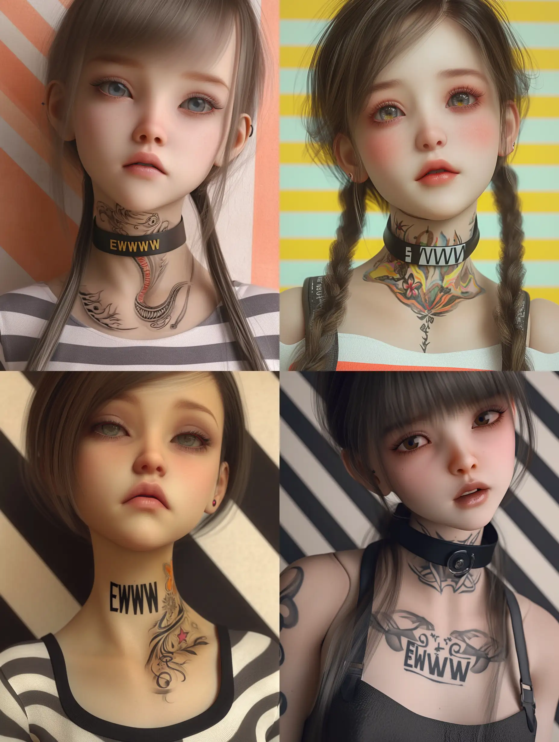 close up,  digital illustration, a girl, doll-like,  with a cute expression, long neck with tattoo, look to the viewer, Daz 3D,  collar with the inscription "EWW", realistic skin, stripe background, :: anime::-0.1 --niji 6 --s 250 --style raw