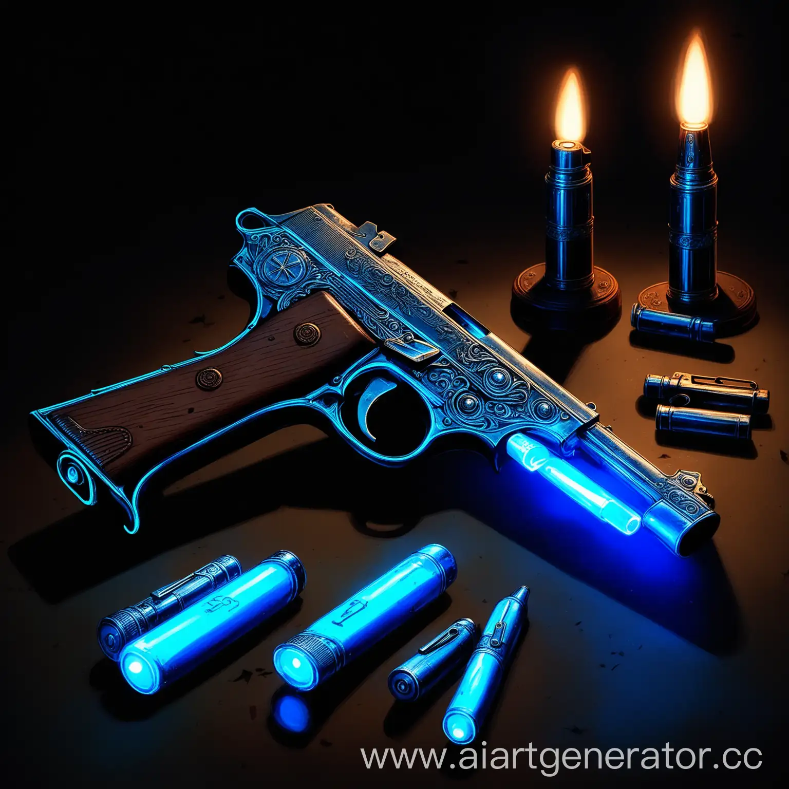  white and blue details, blue neon lighters, world war 1 weapon, Borchardt c93, German pistol from world war 1, one pistol, neon light, sharp details,