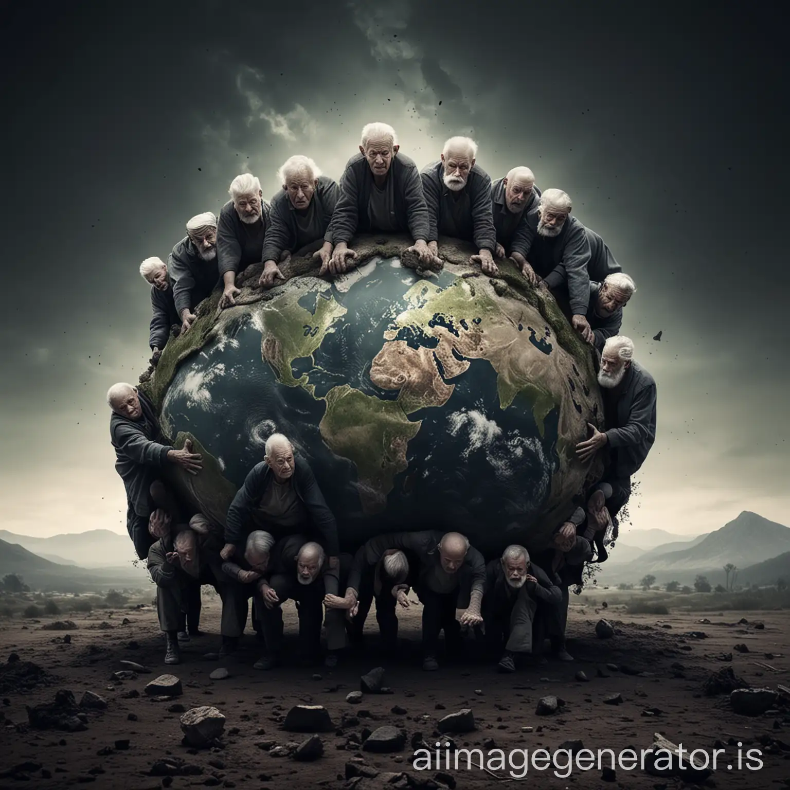 multiple old people lifting the earth on their backs, struggling, dark, evil, realistic, ONE earth