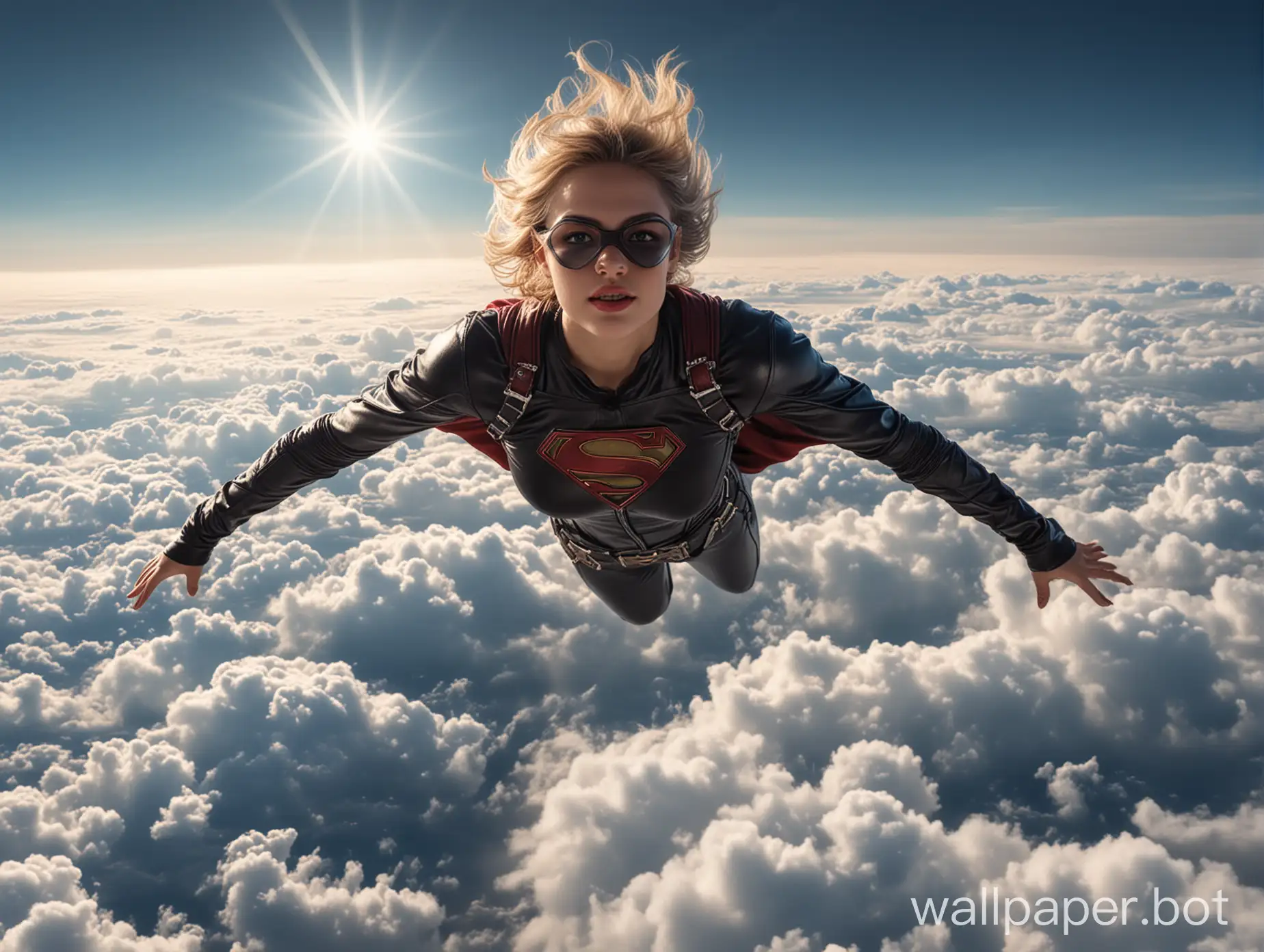 Super girl in leather bodysuit flying in the sky above the clouds.