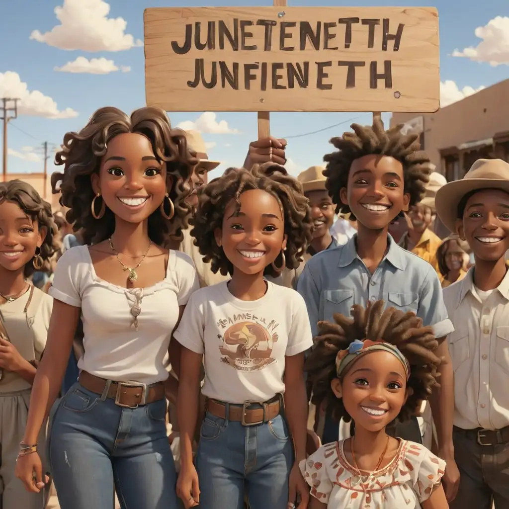 cartoon-style juneteenth in New Mexico people smiling with sign 
