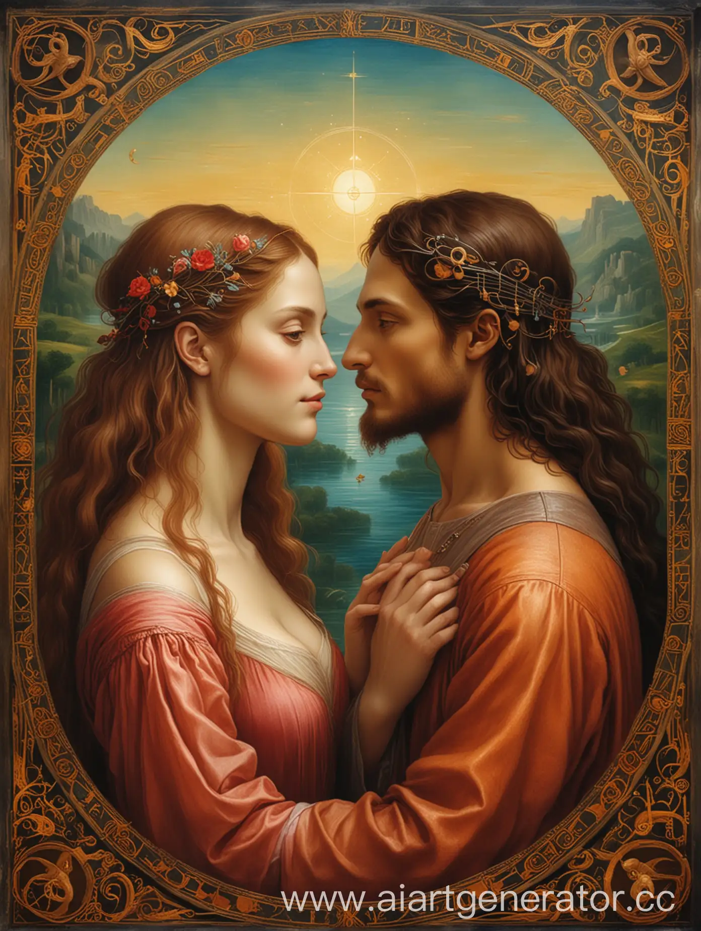 Leonardo da vinci oil painting style, futuristic, spiritual, AI future business, Tarot : the Lovers 