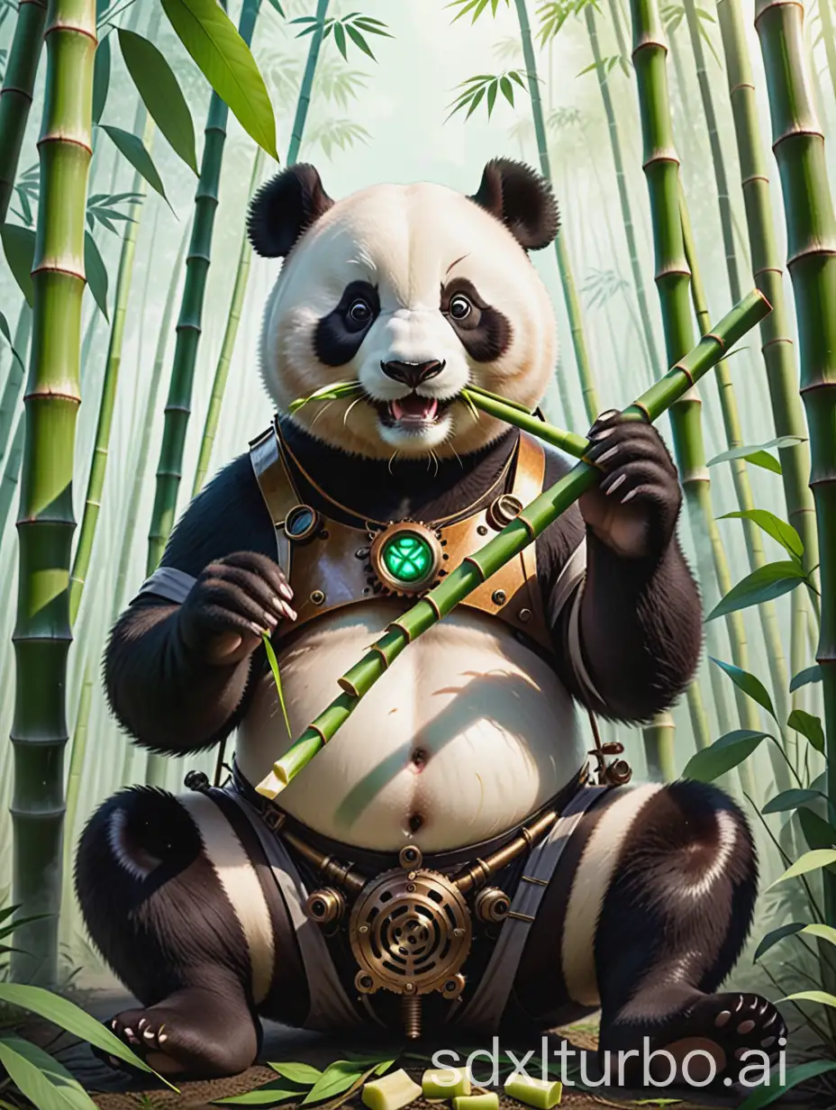 A steampunk Chinese panda eating bamboo shoots in the bamboo forest， use 1024x576 output images.