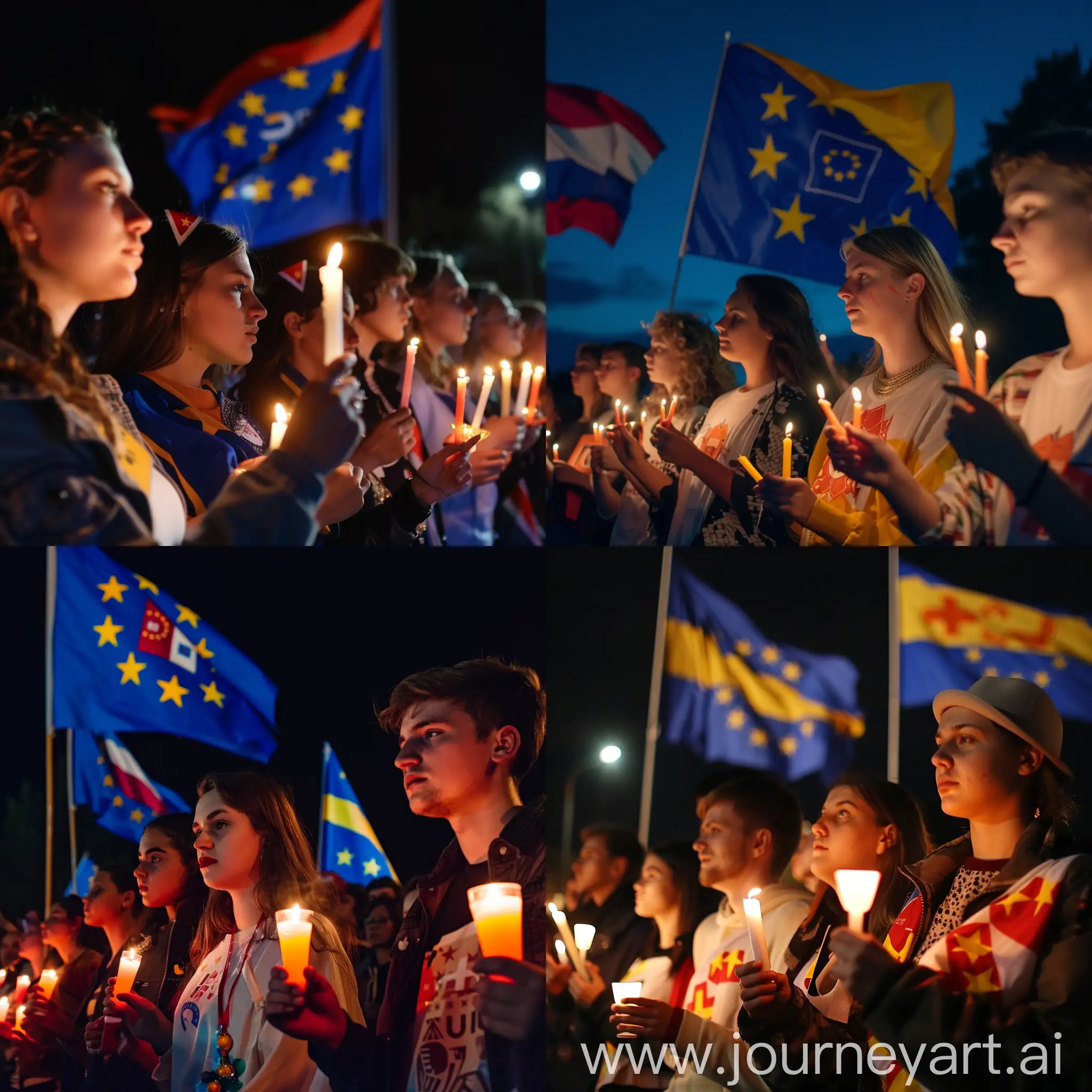 Generate image that shows this: young people at night standing with candles in hand and flags of Georgia and European Union in the background, with energy of protest and celebration