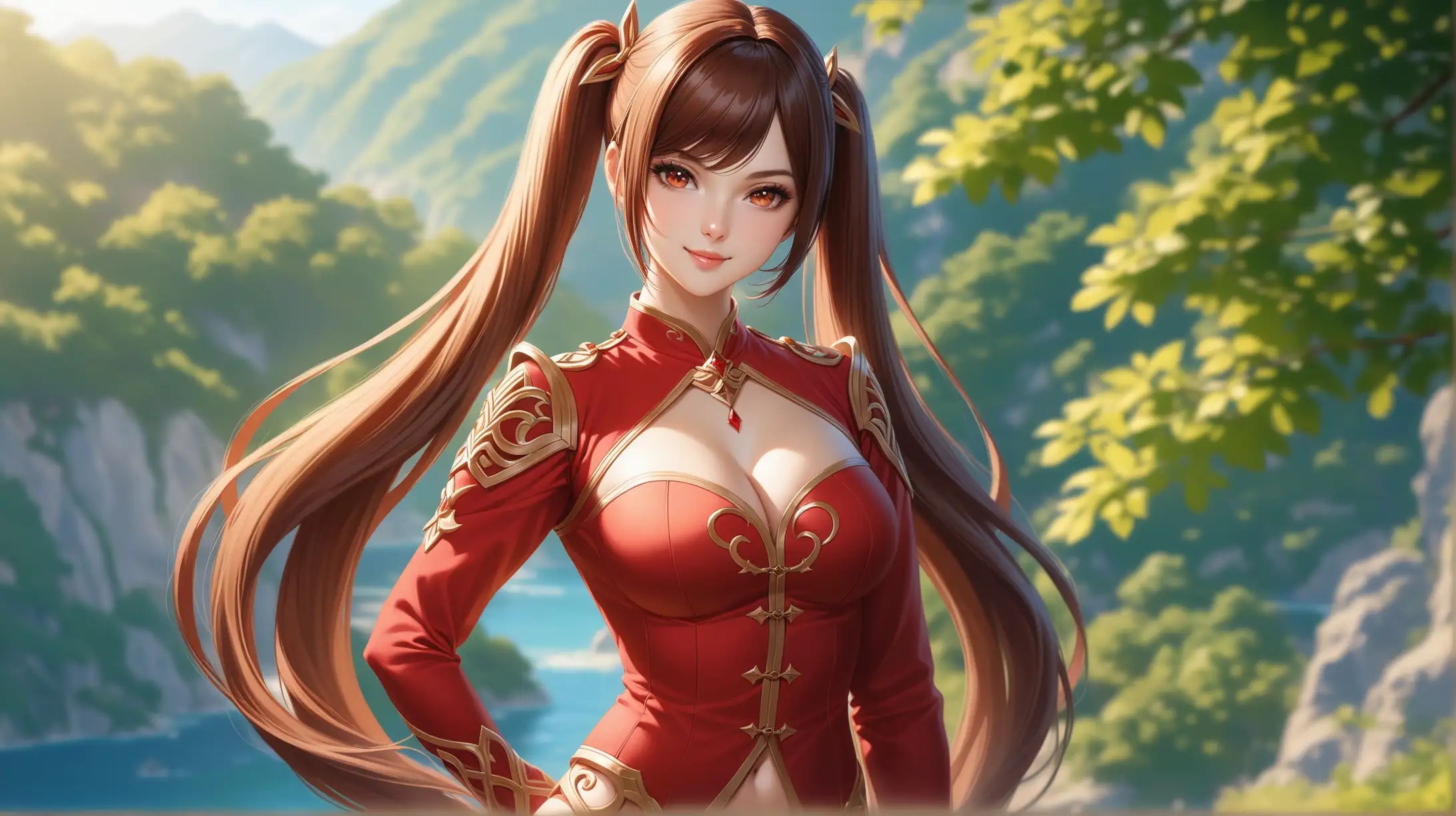 Draw a woman, very long reddish-brown hair, twintails that go past hips, side locks, side-swept bangs, scarlet eyes, perky figure, high quality, realistic, accurate, detailed, long shot, natural lighting, outdoors, seductive pose, outfit inspired from Genshin Impact, smiling at the viewer