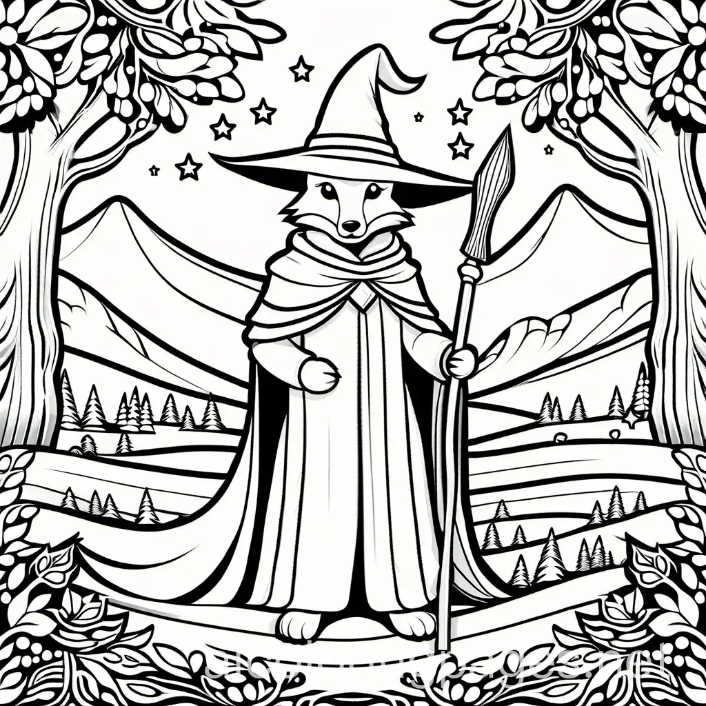 wizard fox, Coloring Page, black and white, line art, white background, Simplicity, Ample White Space. The background of the coloring page is plain white to make it easy for young children to color within the lines. The outlines of all the subjects are easy to distinguish, making it simple for kids to color without too much difficulty